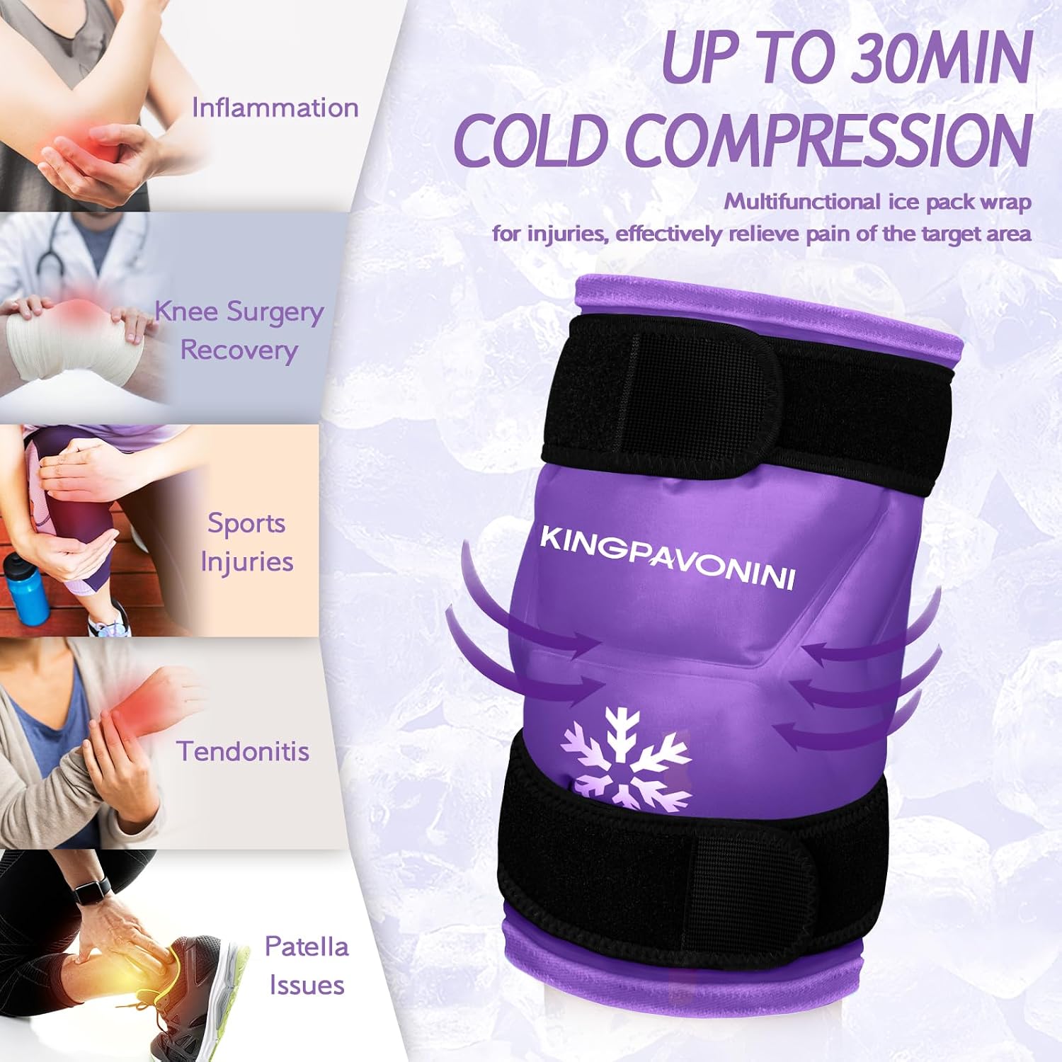 Detalle de KingPavonini XXL Knee Ice Pack Wrap, 2-Pack, Purple, Full Knee Coverage