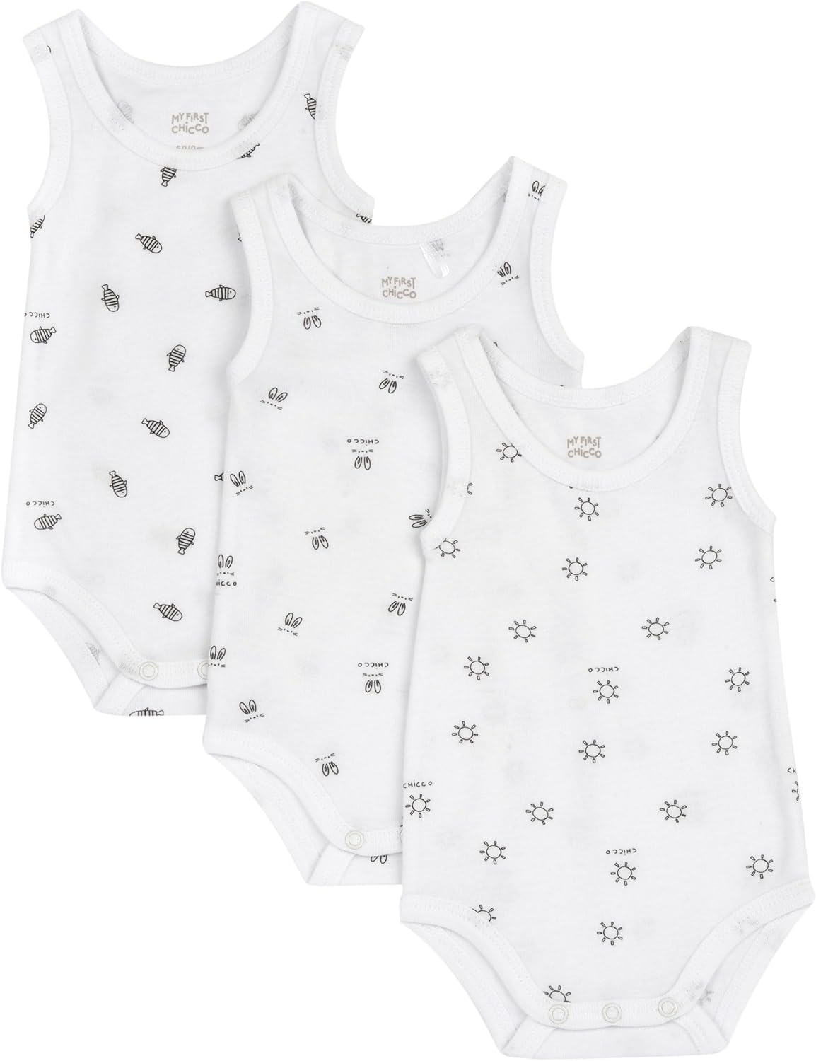 Detalle de Chicco Body Neonato e Neonata – Set di 3 body cotone con maniche corte, fantasia orsetti/sole/pesciolini