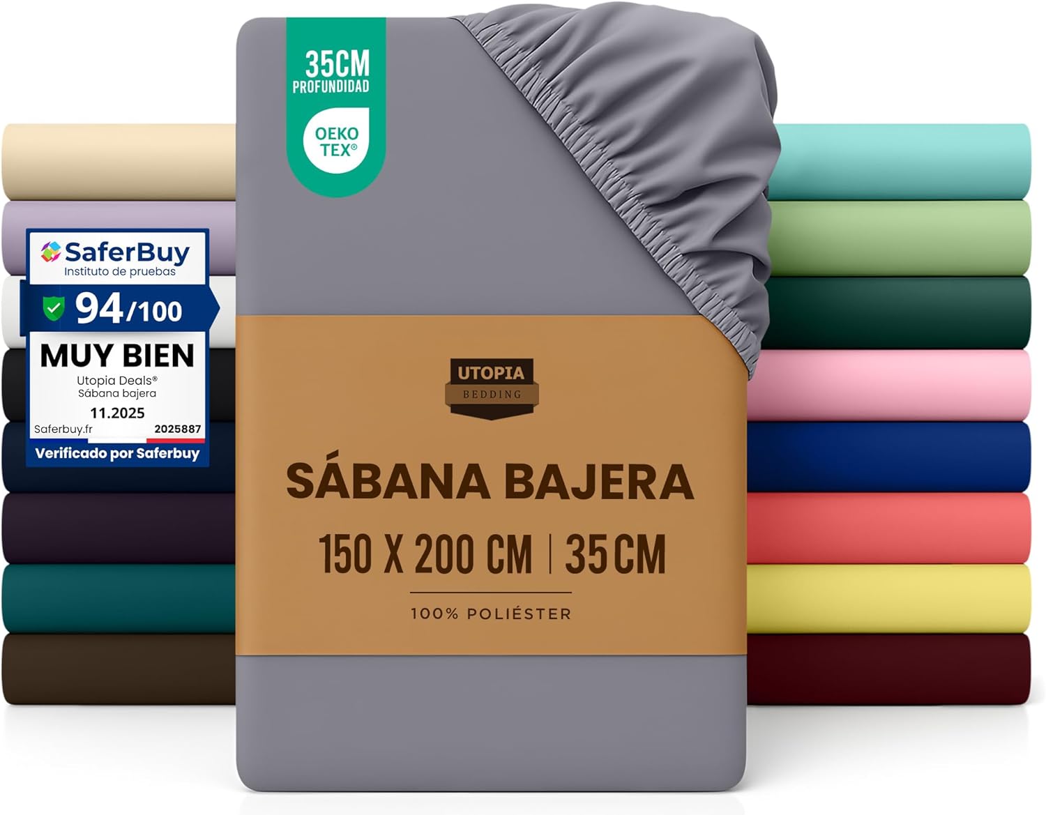 Detalle de Utopia Bedding Sábana Bajera 150x200 Gris