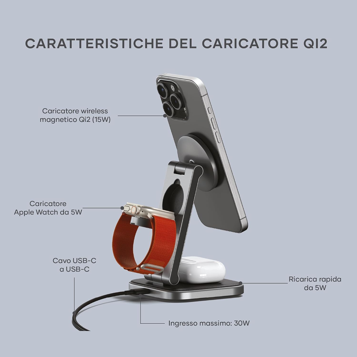 Detalle de SATECHI OntheGo™ Caricatore Wireless Pieghevole 3 in 1 (Stazione di Ricarica Magnetica 15W) certificata Qi2
