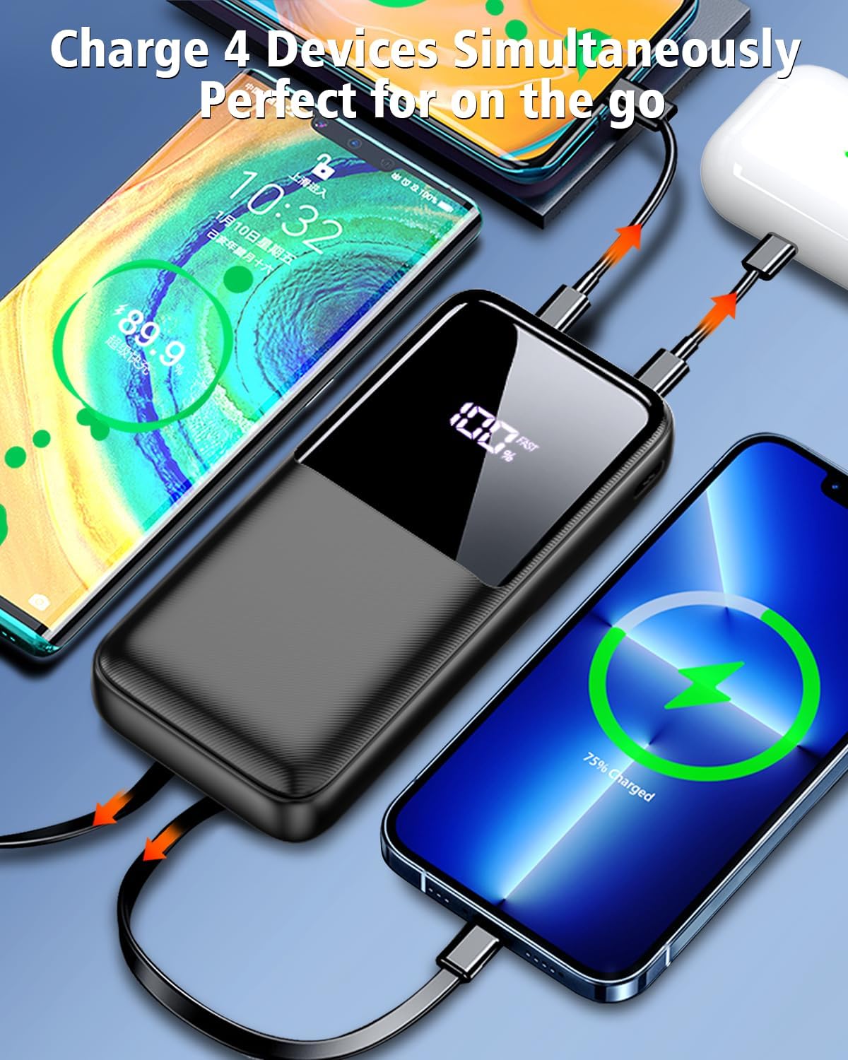 Detalle 2 de 15000mAh Portable Power Bank with Built‑in Cables