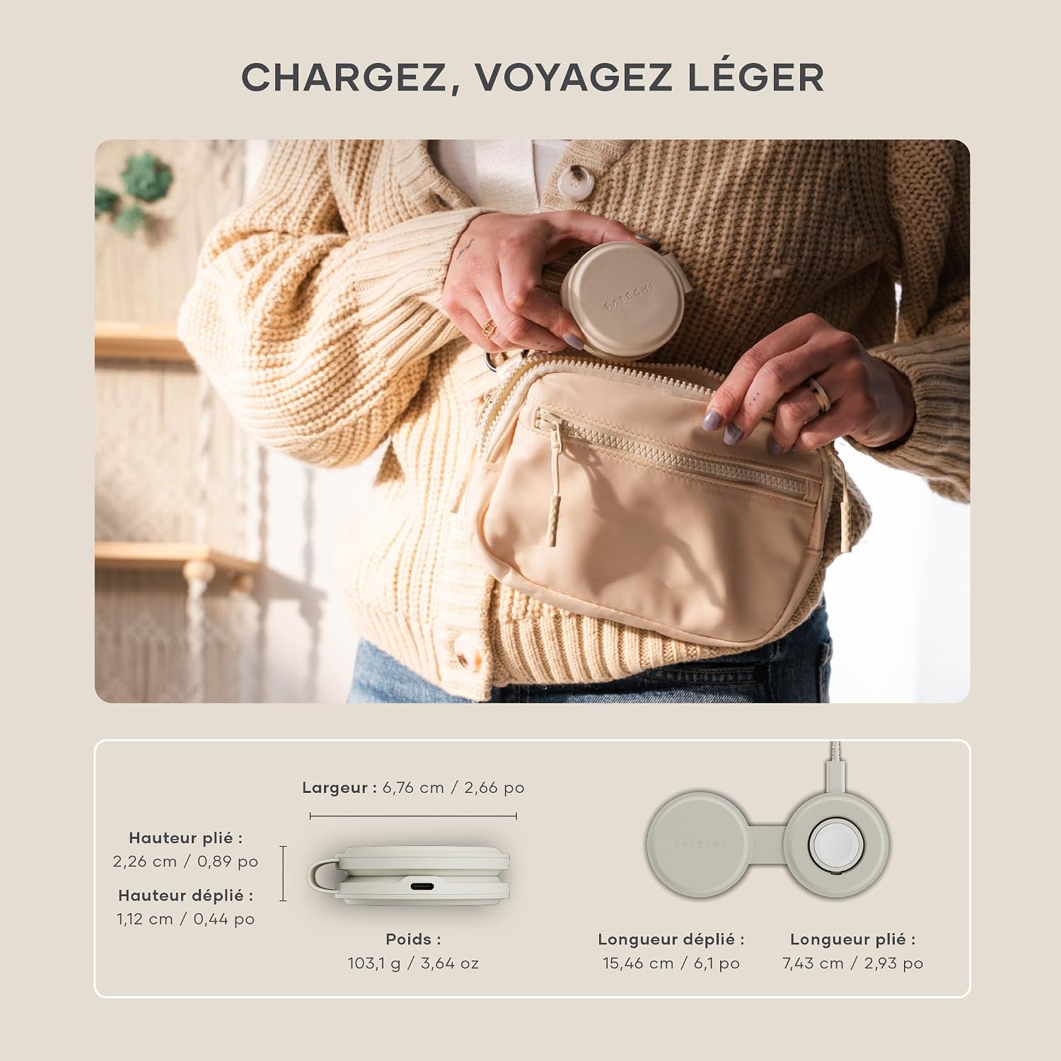 Detalle de Satechi OntheGo™ Chargeur Induction 2 en 1 Qi2 pliable (Beige) – iPhone & Apple Watch