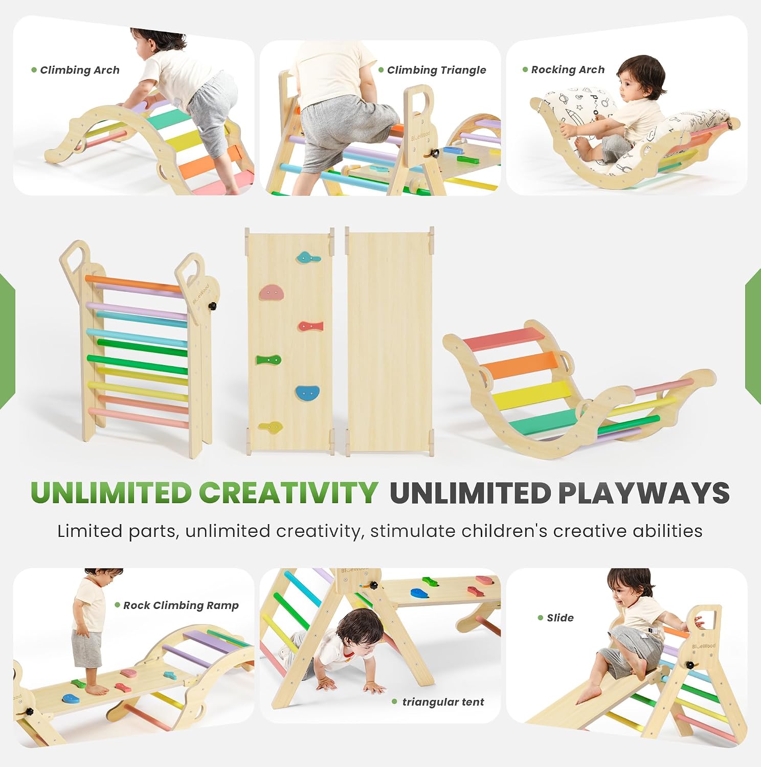 Thumbnail 2 de BlueWood Pikler Triangle Set with Cushion (8-in-1) – Montessori-inspired jungle gym for toddlers