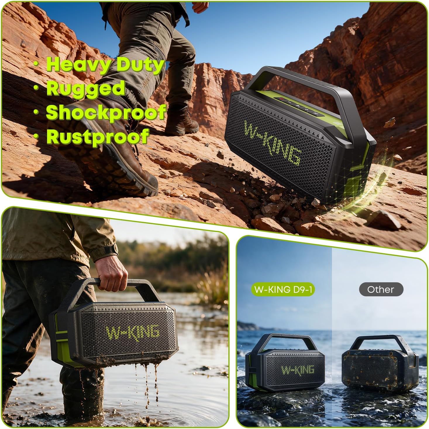 Detalle 2 de W-KING D9-1 Portable Bluetooth Speaker, IPX7 Waterproof, 60W RMS, Green
