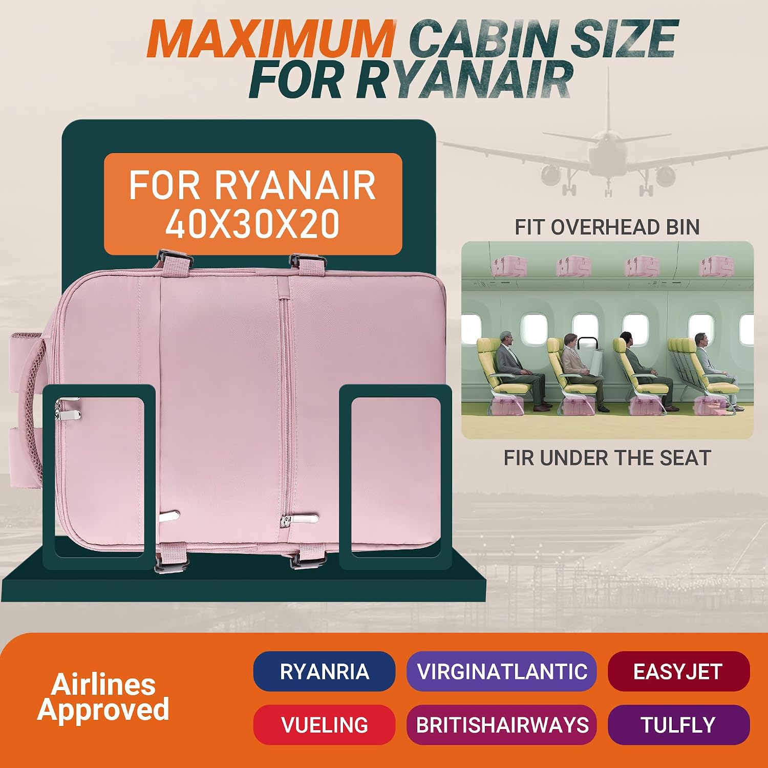 Detalle de Ryanair 40x30x20 Underseat Cabin Bag — Waterproof Travel Backpack with USB Hole, Anti‑Theft Pocket & Trolley Sleeve