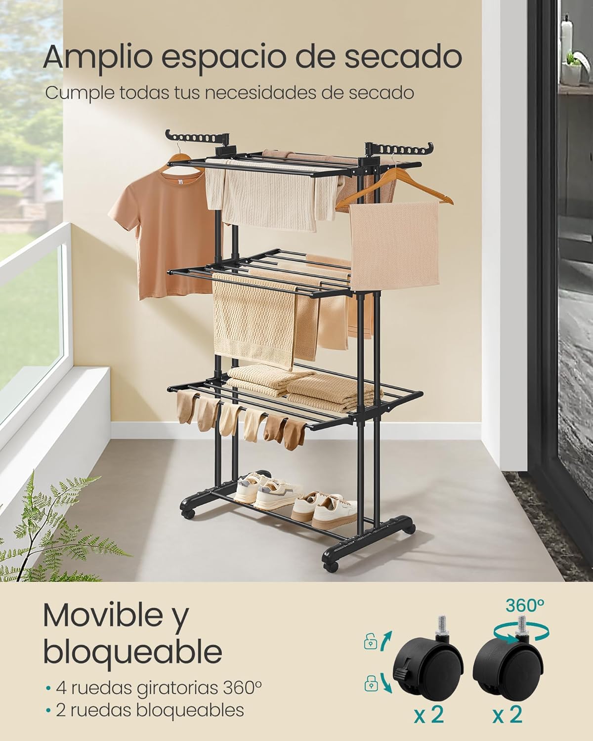 Detalle de SONGMICS Tendedero Plegable de 4 Niveles con Ruedas y Alas Plegables LLR701B01