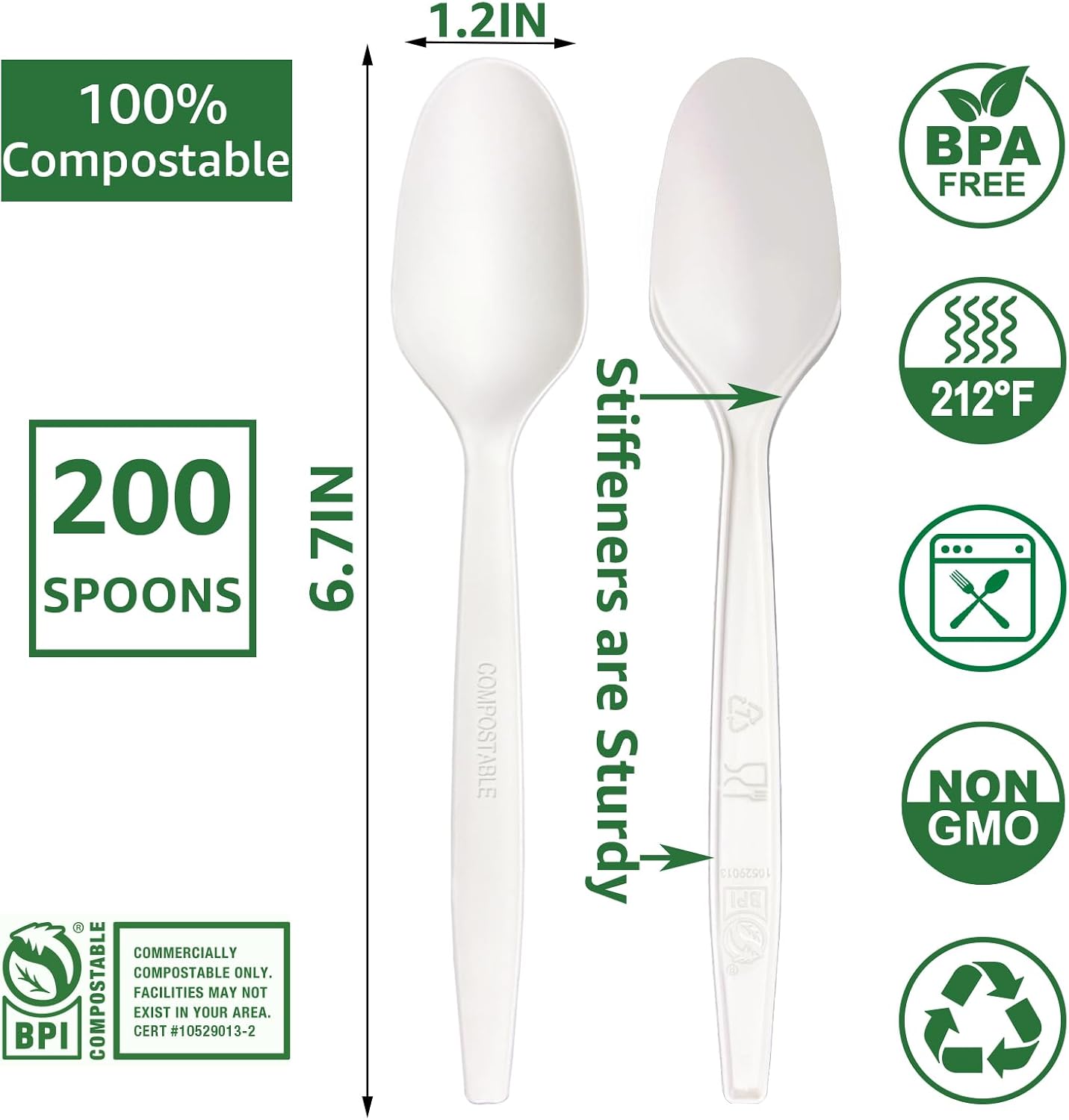Detalle de MISISIPI SPOONS-200 Compostable Spoons, 200 Count, 6.7-Inch PLA