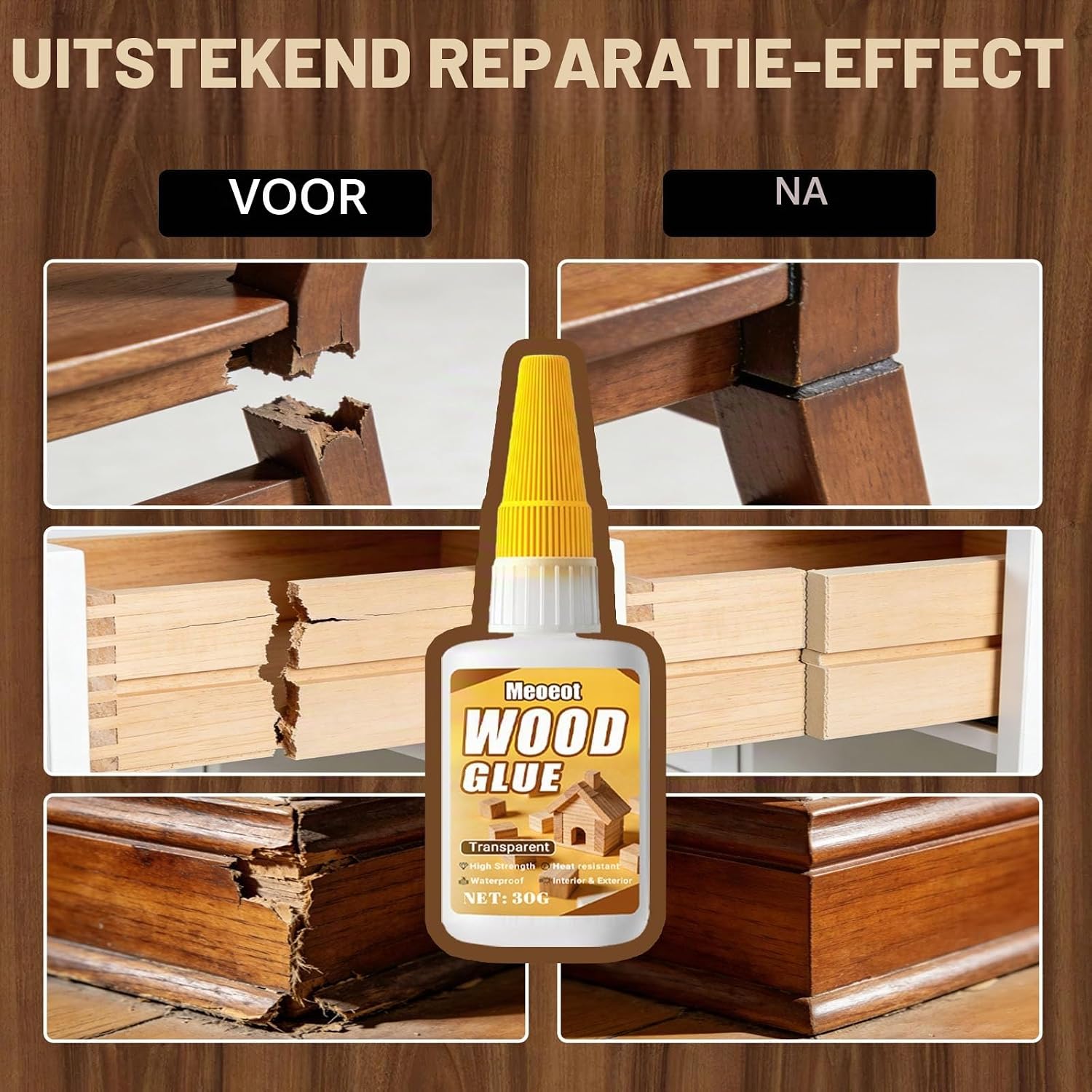Detalle de Meoeot H001 houtlijm 30 g, transparant, waterdicht en sneldrogend