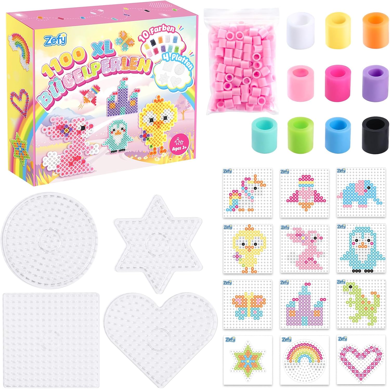 Detalle de Zefy 10mm Bügelperlen Set Maxi: 1100 XL Perlen, 4 Steckplatten und Geschenkbox (Pastell)