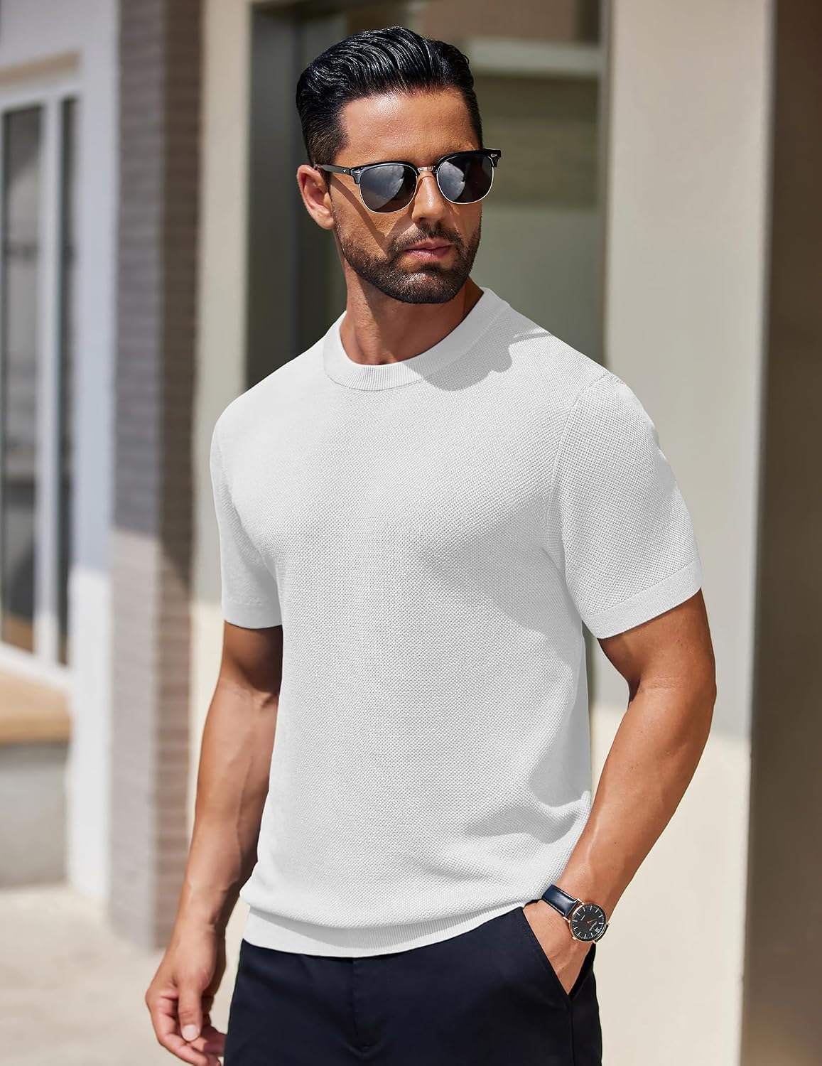 Detalle 2 de COOFANDY Camiseta de punto hombre cuello redondo