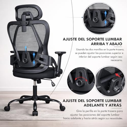 Thumbnail 3 de Silla de oficina ergonómica T-LOVENDO.ES con soporte lumbar ajustable, malla transpirable y reposacabezas