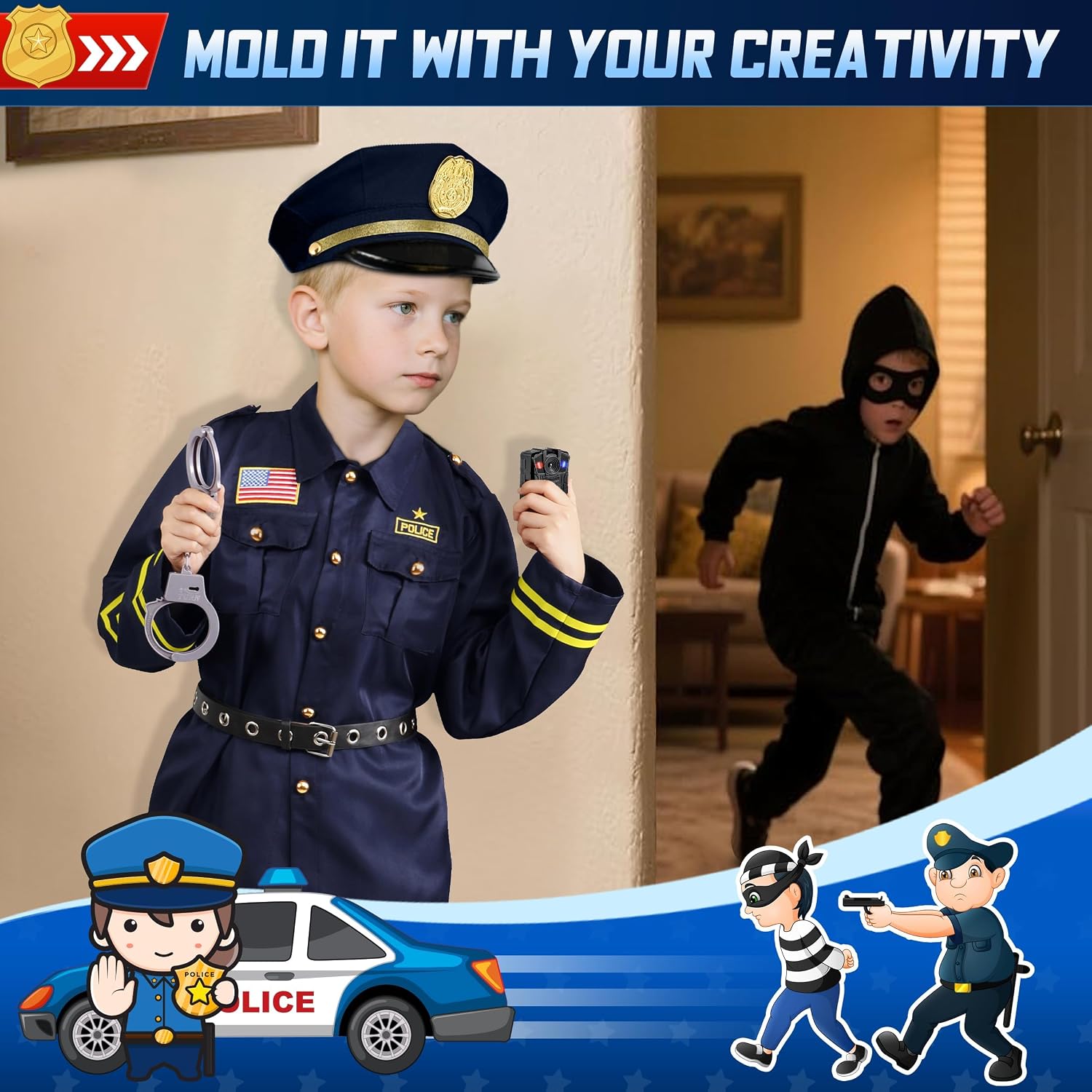 Detalle 1 de Joycover Kids’ Police Costume Set with Light-Up, Sound-Emitting Toy Camera