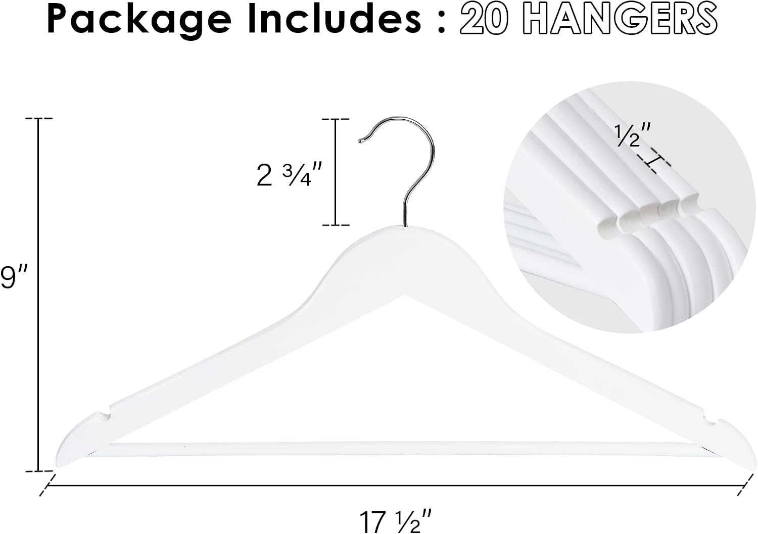 Detalle de StorageWorks Wooden Hangers, White 20-Pack with Anti-Slip Grooves