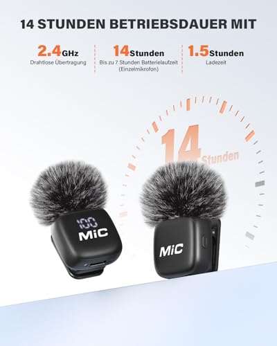 Detalle de Newmight kabelloses Lavalier-Mikrofon im 2er-Pack mit Rauschunterdrückung und DSP