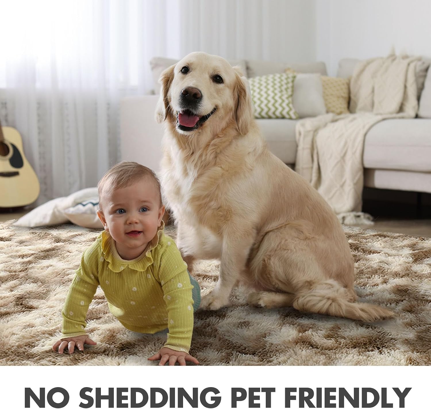 Thumbnail 5 de 5x7 Ft Large Shag Rug in Khaki — Ultra-Soft Tie-Dyed Plush for Bedroom & Living Room