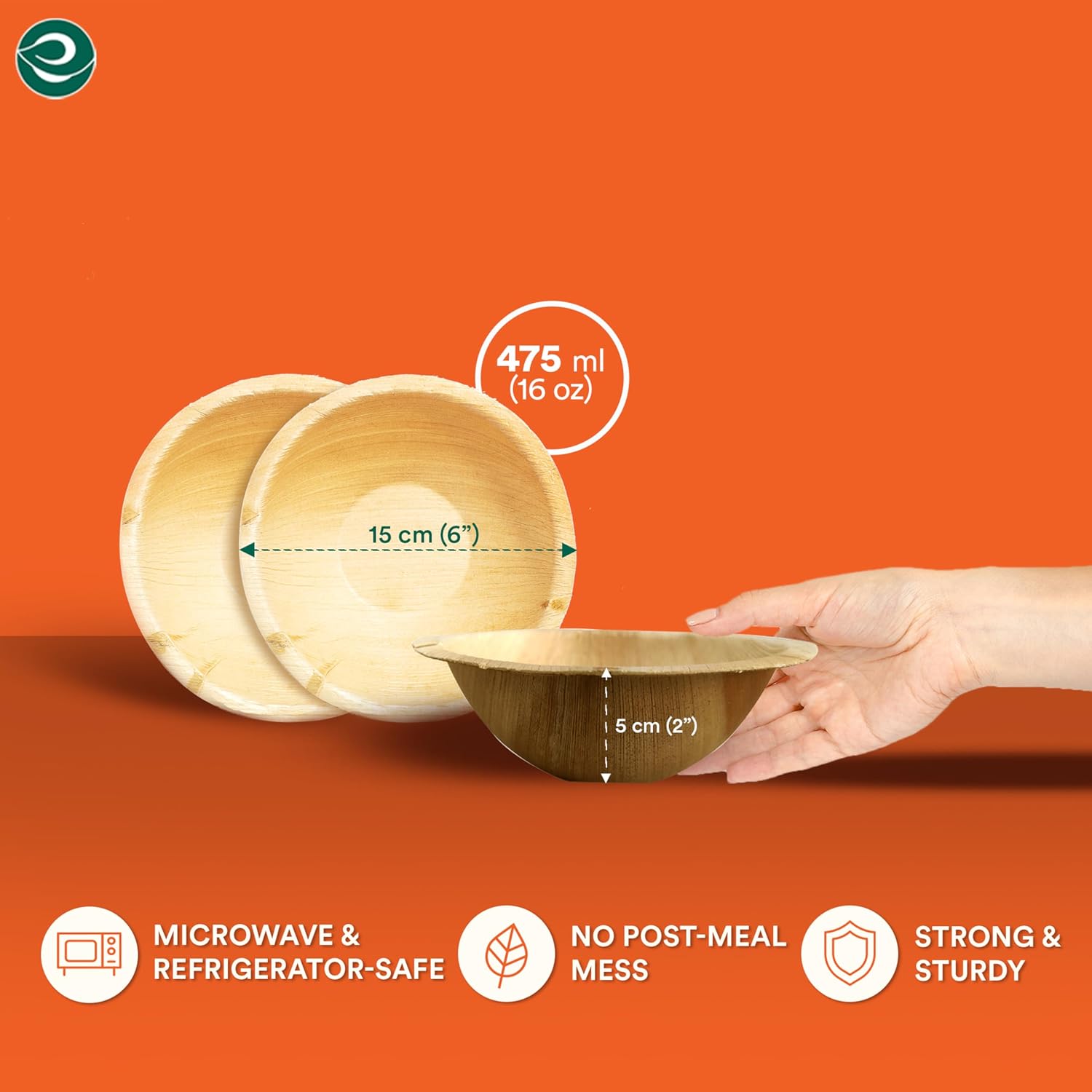 Detalle de ECO SOUL 50 Disposable Palm Leaf Bowls, 6 inch (16oz / 475ml) compostable round bamboo-style bowls