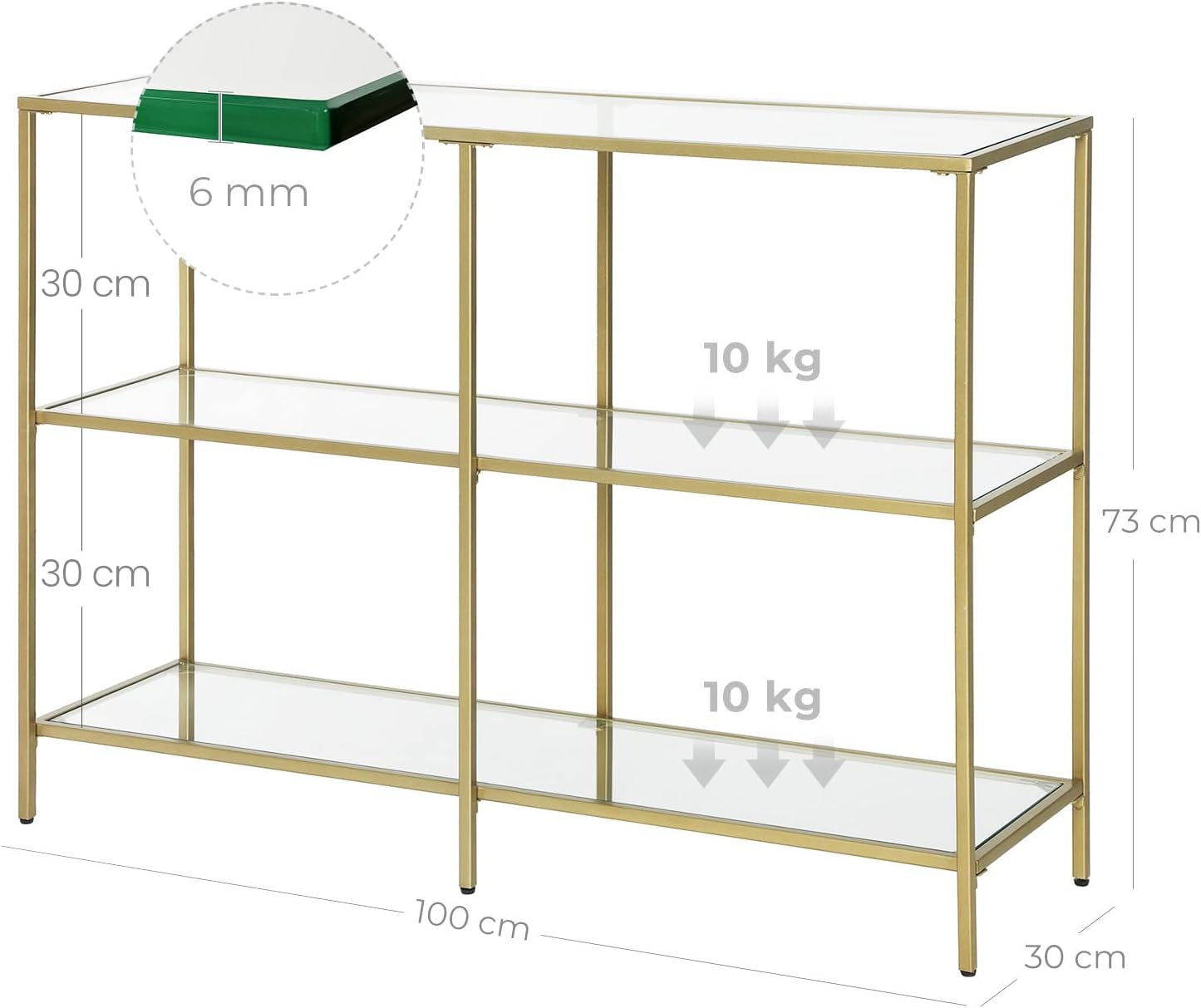 Detalle de VASAGLE LGT27G Console Table, 3-Tier Tempered Glass, Gold Metal Frame