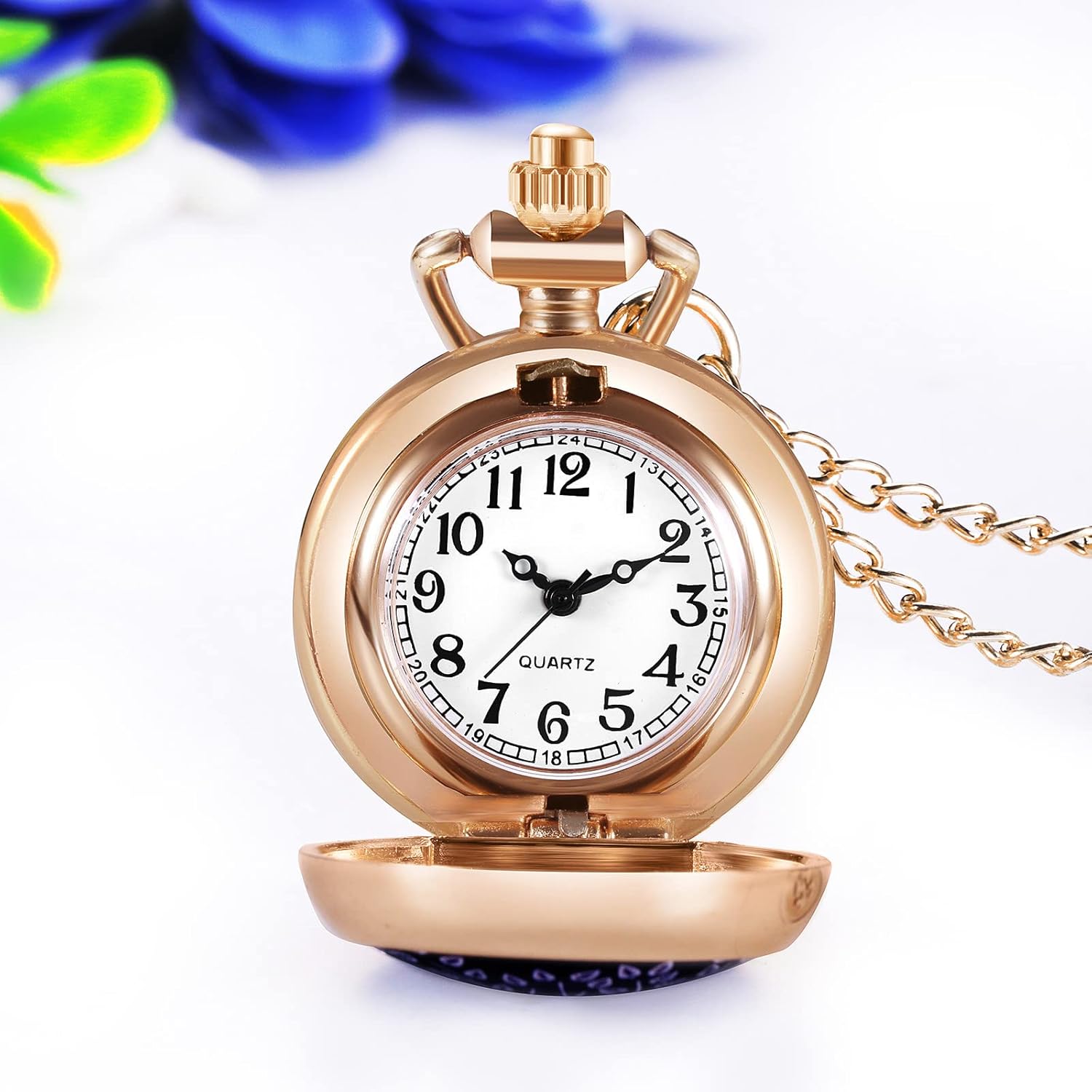 Thumbnail 6 de JewelryWe Taschenuhr Damen Elegant – Rosegold mit Engelsmotiv, Lebensbaum, Schädel, Schmetterling oder Engel Mädchen – Analoge Quarz-Uhr mit Kette