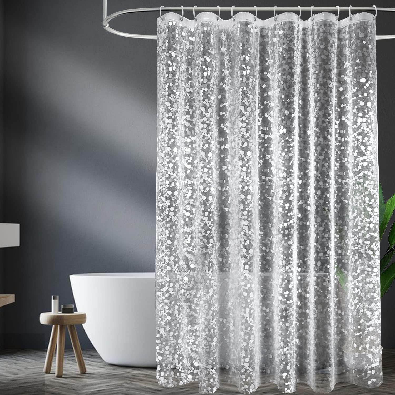 EurCross Antischimmel Duschvorhang 180x200 cm – transparent mit 3D Kieselstein-Muster und 12 Ringen