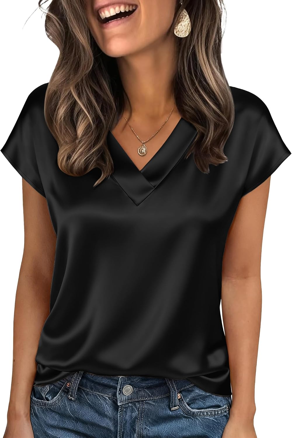Thumbnail 1 de Zeagoo Women's Silk Satin Top: V-Neck Cap Sleeve Blouse for Work or Casual