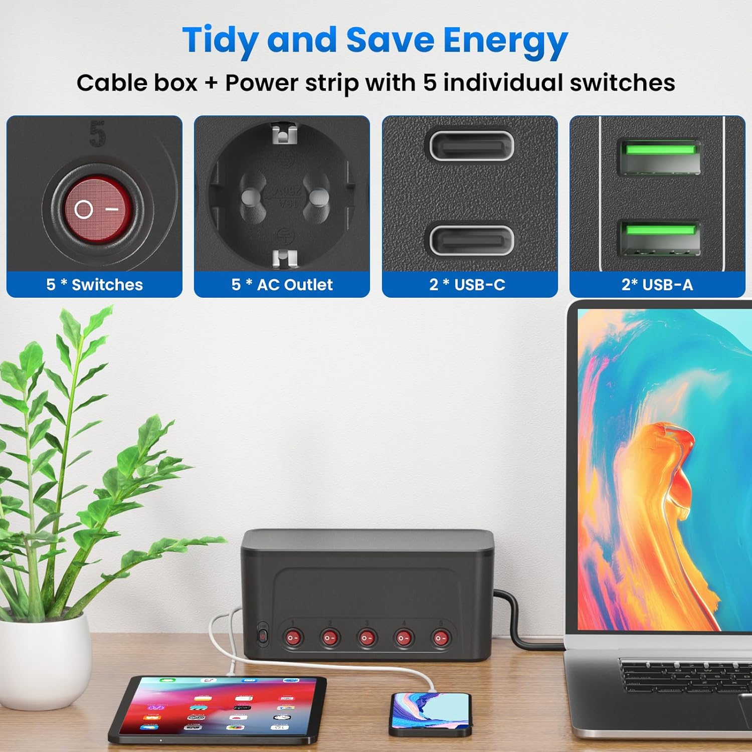 Thumbnail 1 de Kabelbox mit Steckdosenleiste (Überspannungsschutz) und 5 einzeln schaltbaren Steckdosen + 4 USB, schwarz – mit Kabelmanagement