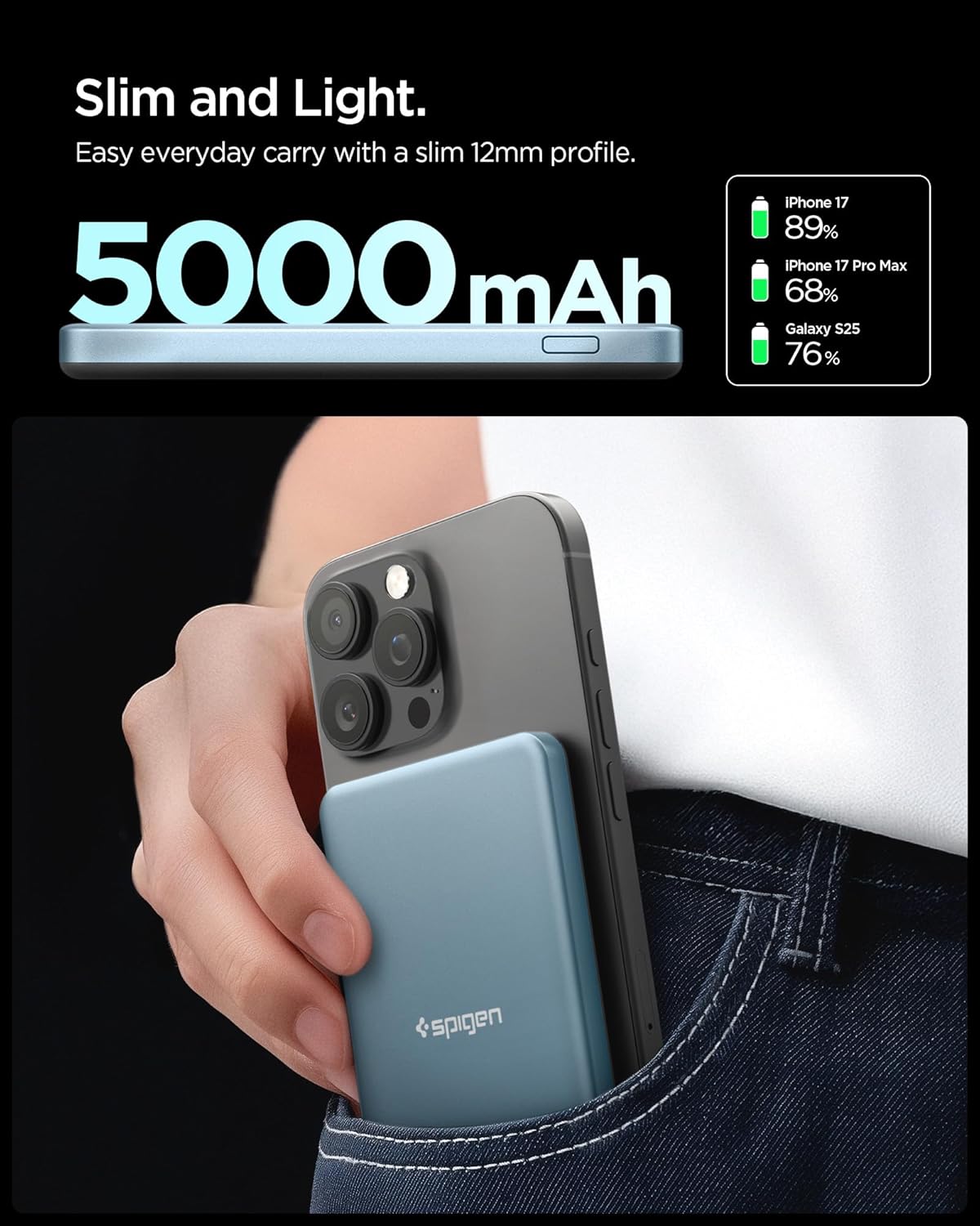 Thumbnail 3 de Spigen Essential Qi2 Batterie Externe sans-fil 5 000 mAh 22,5 W (MagSafe) – Bleu