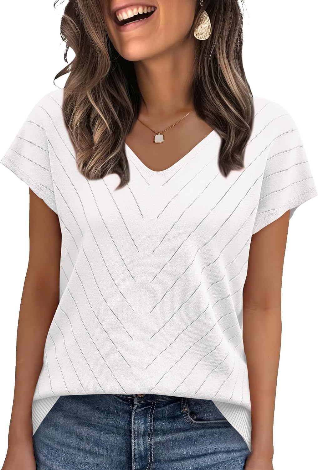 Detalle de WIHOLL Damen Pullover Kurzarm mit V-Ausschnitt – leichtes Stretch-Strickshirt für Sommer & Büro