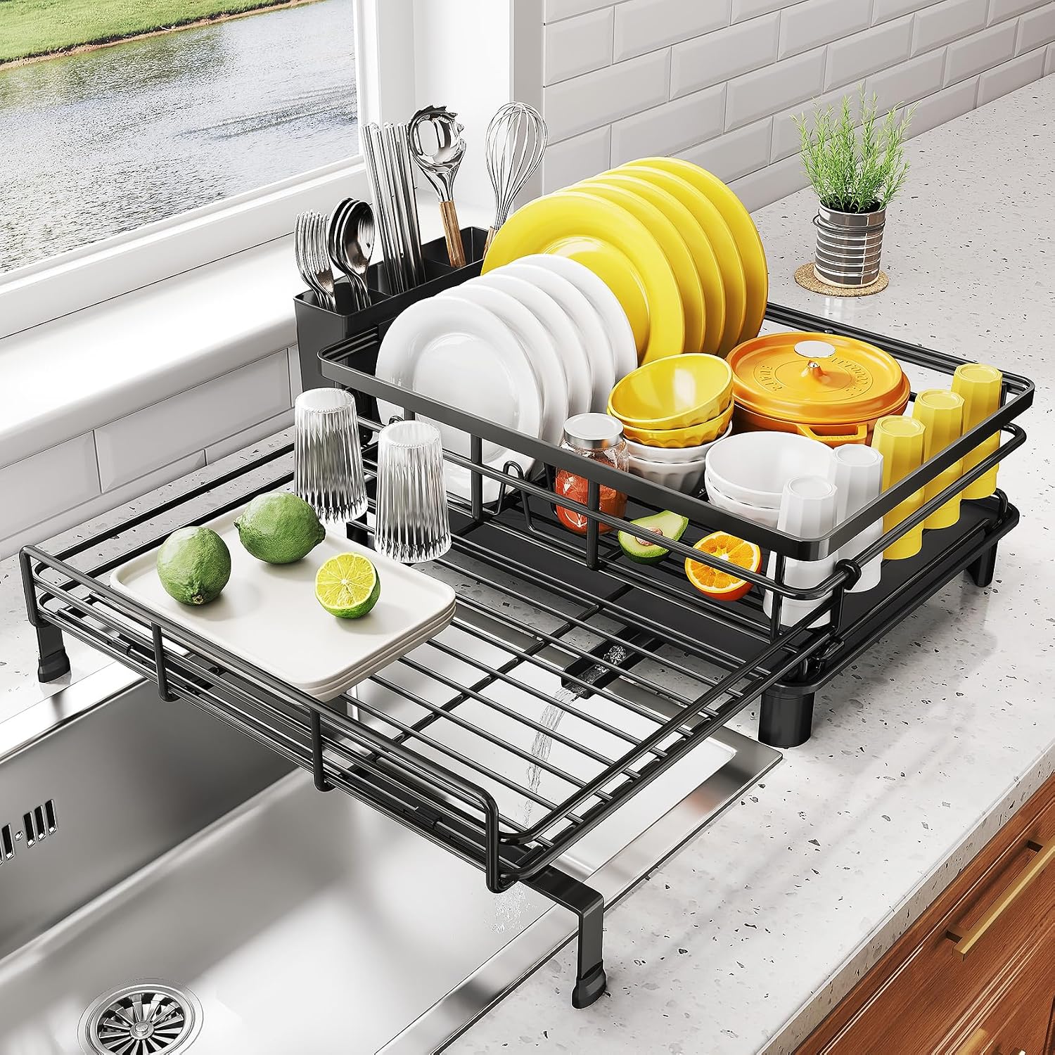 Detalle de SNTD SN-YYC1T-EV Expandable Dish Drying Rack, Black Stainless Steel