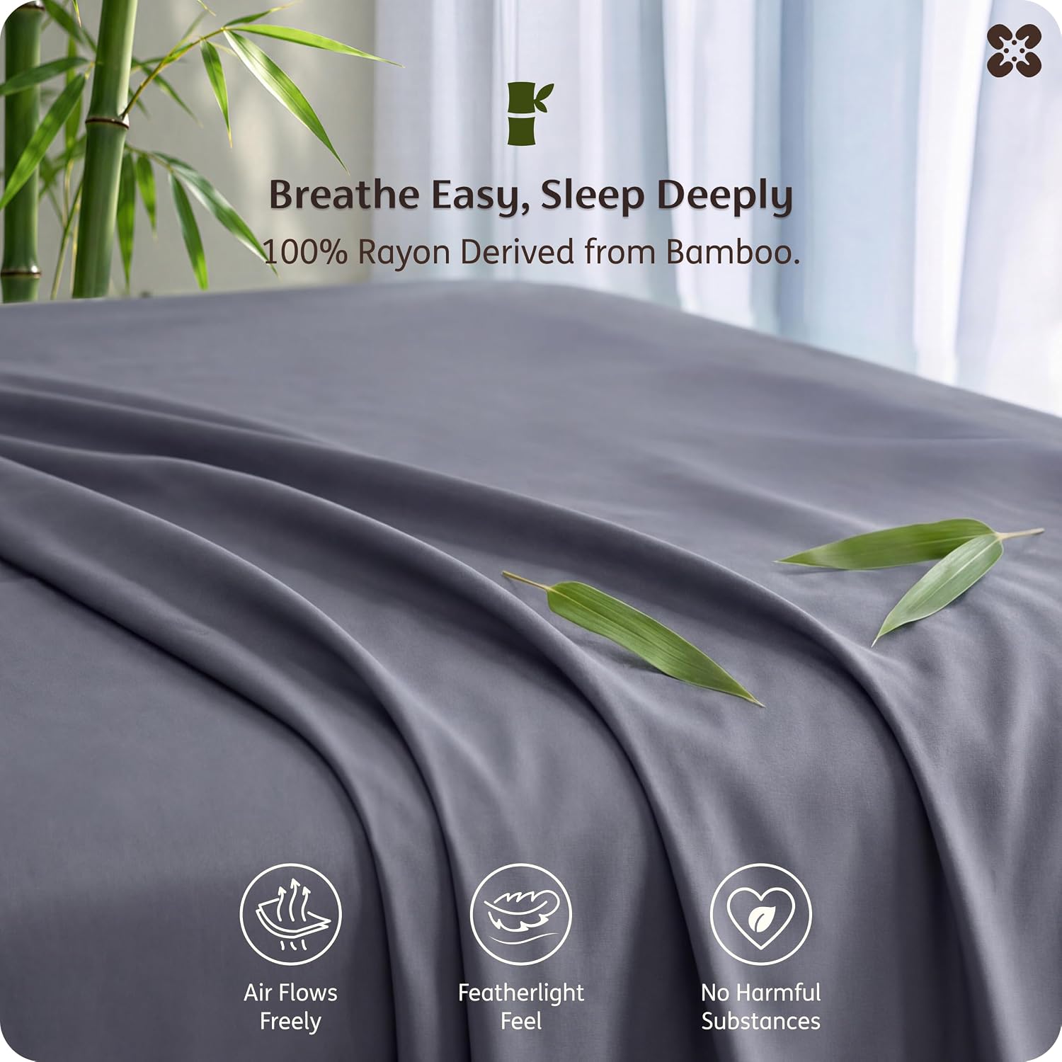 Detalle de Bedsure King Size Bamboo Rayon Sheet Set, 4-Piece, Dark Grey