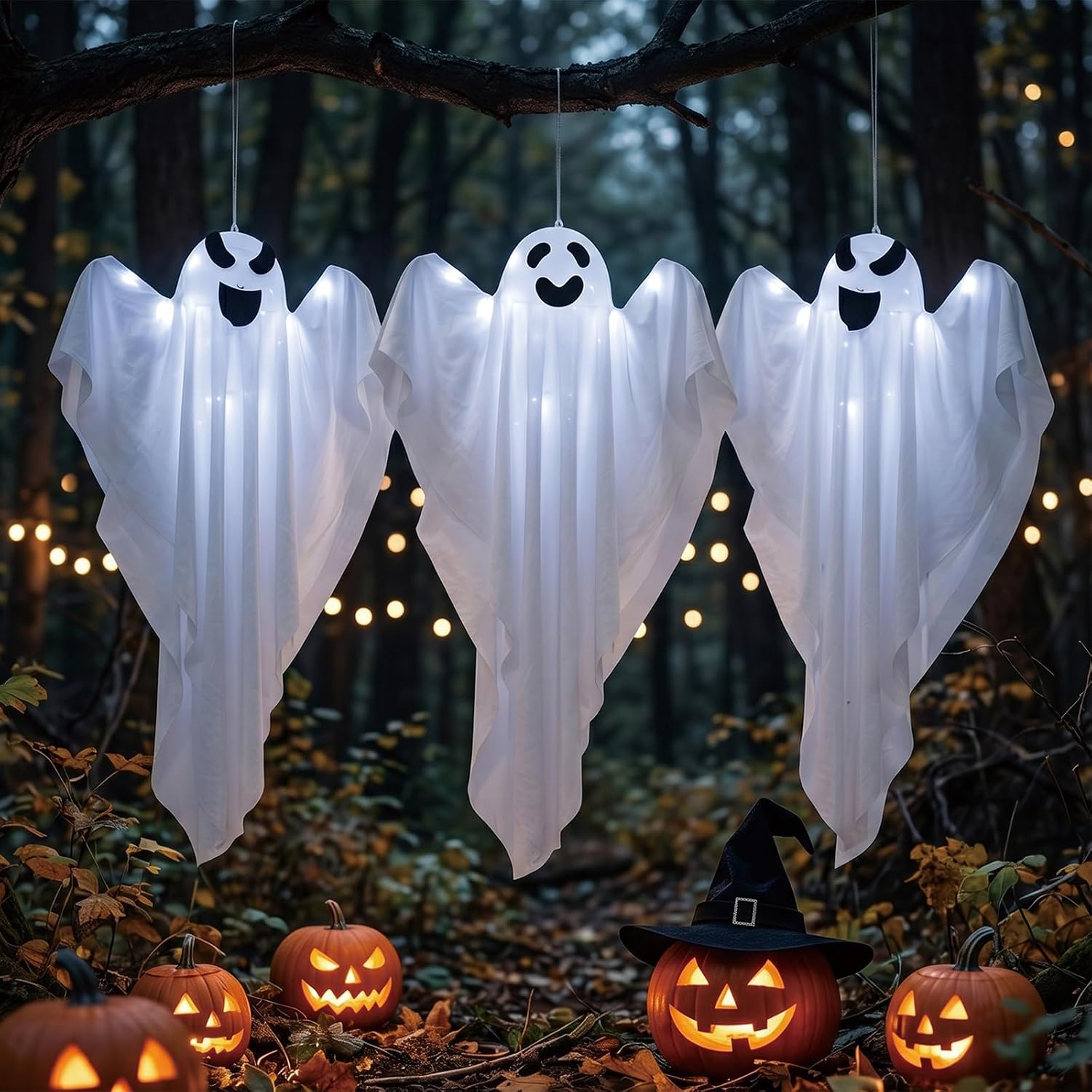 Thumbnail 6 de BCLGSHINE 3-Pack Hanging Ghost Decorations, 32-Inch with 45 LEDs and Witch Hats