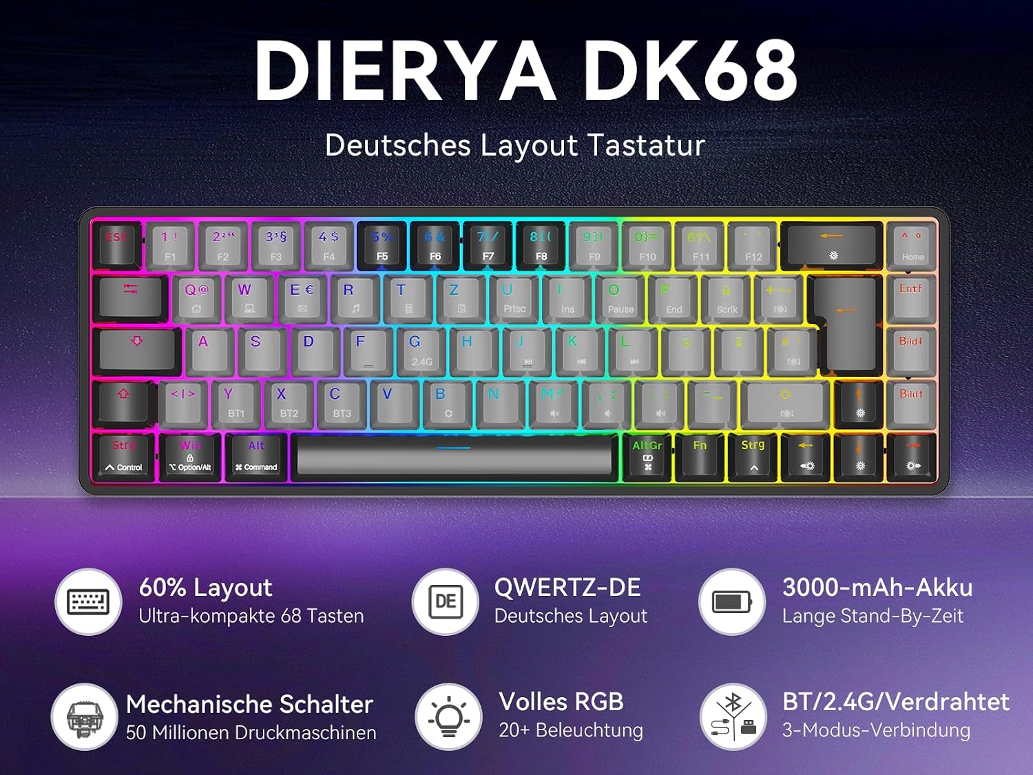 Detalle 2 de Dierya DK68 Kabellose Gaming Tastatur