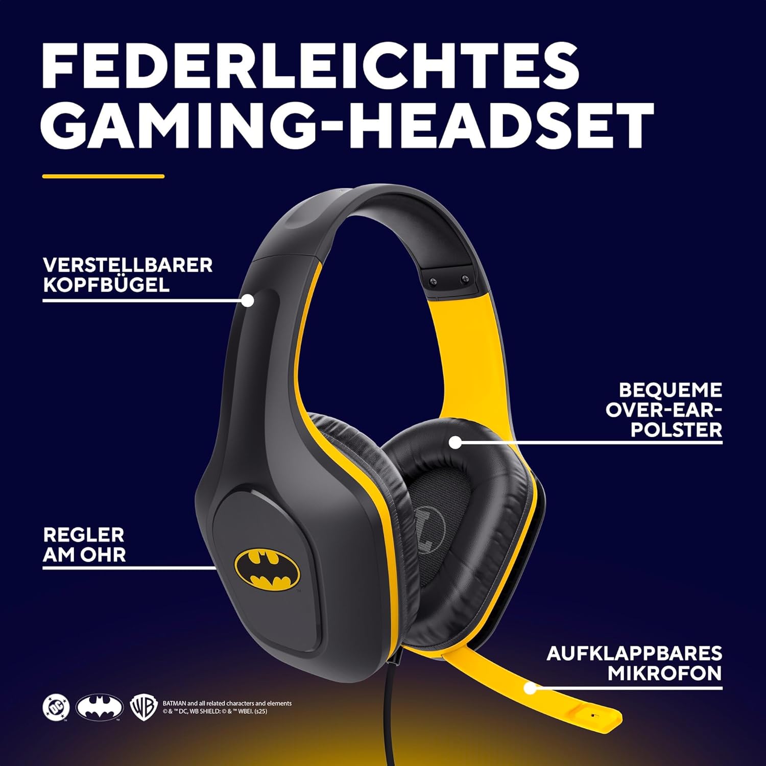 Detalle de GXTrust 415BM Zirox Batman Lizenziertes Gaming Headset – kabelgebunden, 50 mm Treiber, 3,5 mm Anschluss