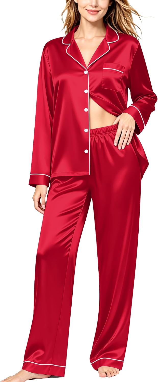 Detalle de SWOMOG Satin Pajama Set, Long-Sleeve Button-Down Two-Piece Sleepwear