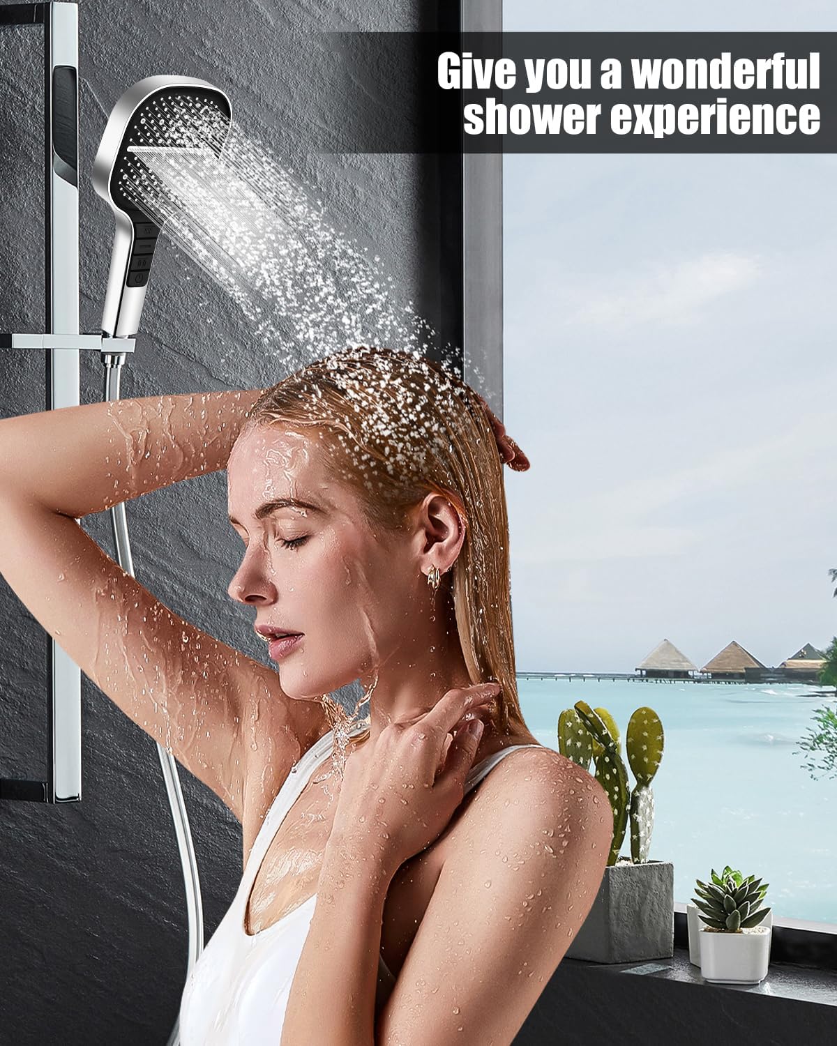 Thumbnail 6 de Soffione ad alta pressione quadrato cromato con 7 funzioni (universale, a parete)