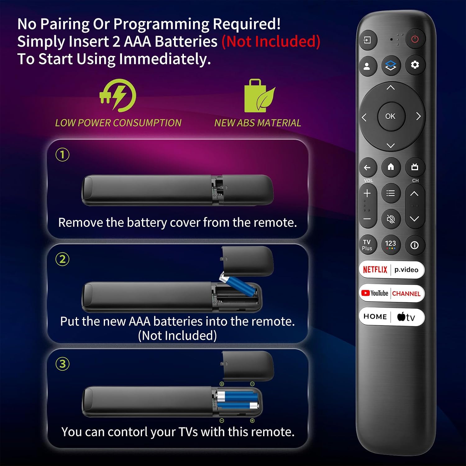 Detalle de (Pack of 2) Replacement-for-TCL-Google-TV-Remote-Control — Universal Remote for TCL Smart UHD HDR LED Mini QLED 4K Google TVs