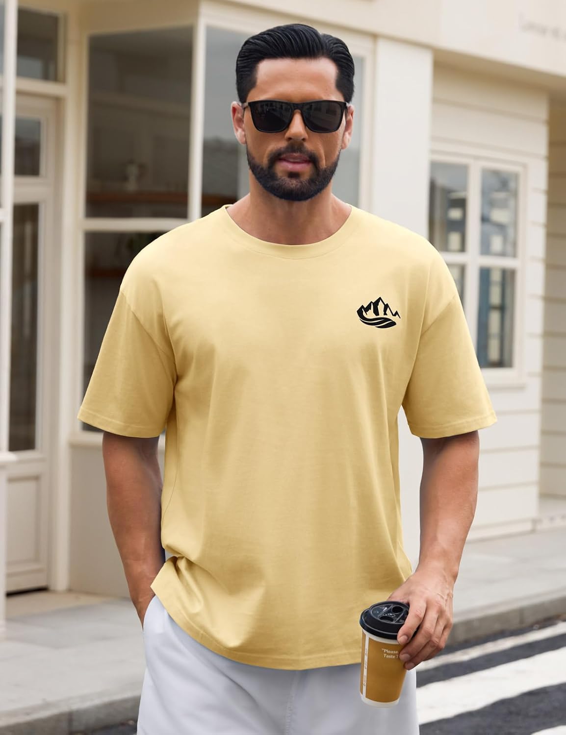 Detalle de Xnova Mountain Pattern Cotton T-Shirt – Men's Short Sleeve Crew Neck
