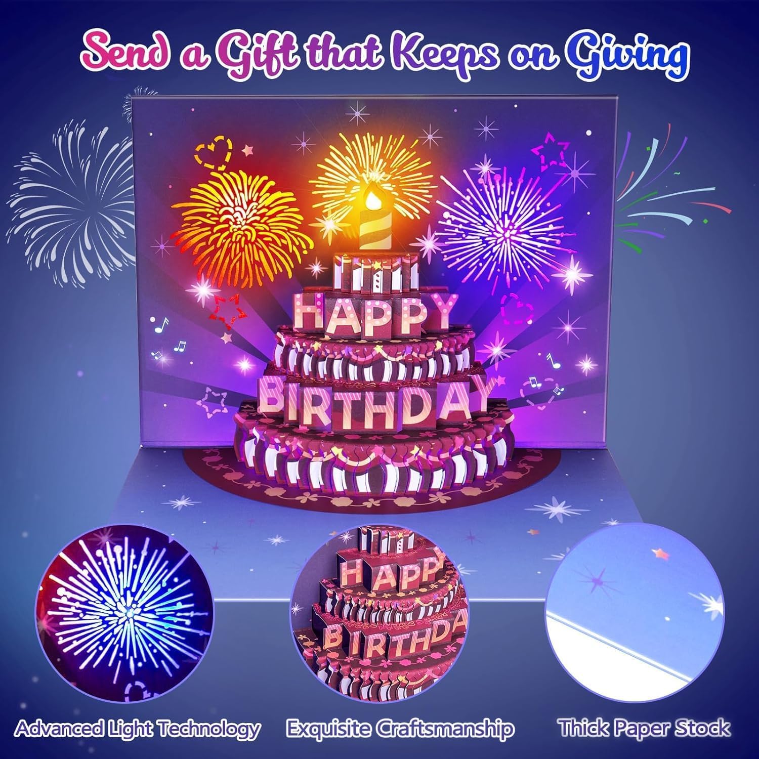 Detalle 2 de LIGHTS & SOUND Pop up Birthday Card 7.75x5.75 in