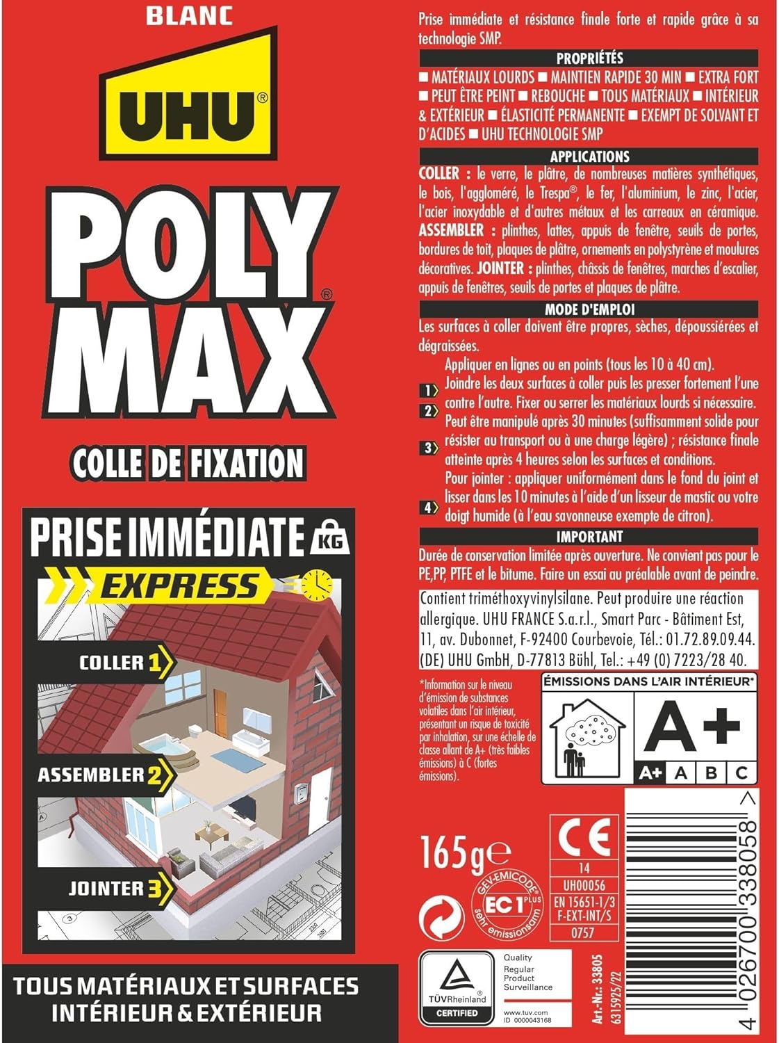 Thumbnail 2 de UHU Poly Max - Mastic-Colle Prise Immédiate 165 g, adhérence ultra-forte pour tous matériaux (intérieur/extérieur)