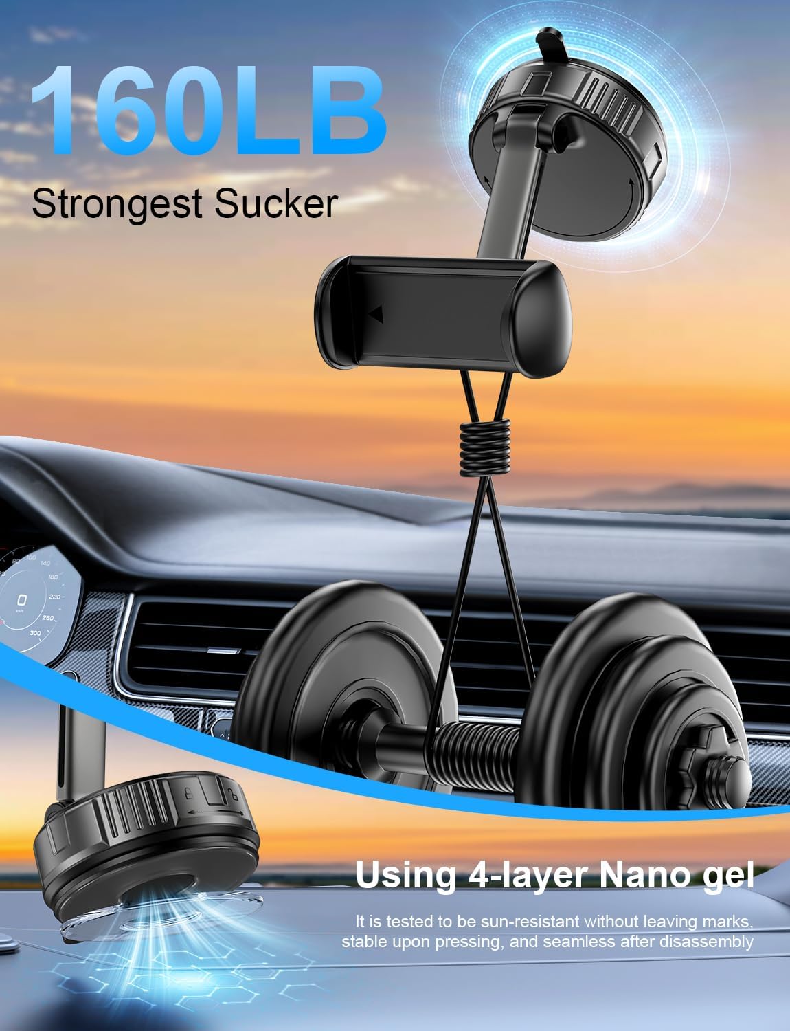 Detalle 2 de bokilino Vacuum Suction Car Phone Mount with 360° Rotation and Nano Gel Base