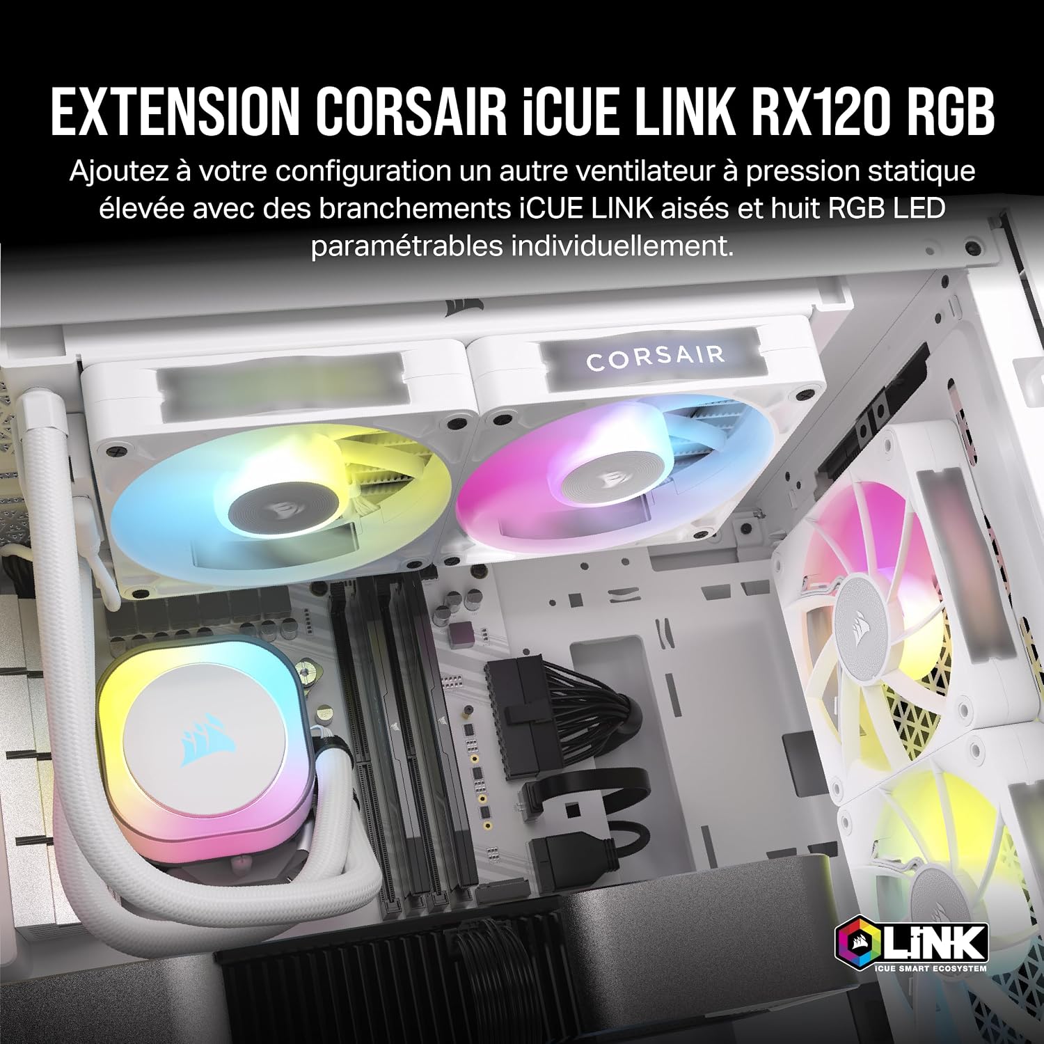 Detalle de CORSAIR iCUE Link RX120 RGB 120 mm PWM – Ventilateur blanc à dôme magnétique