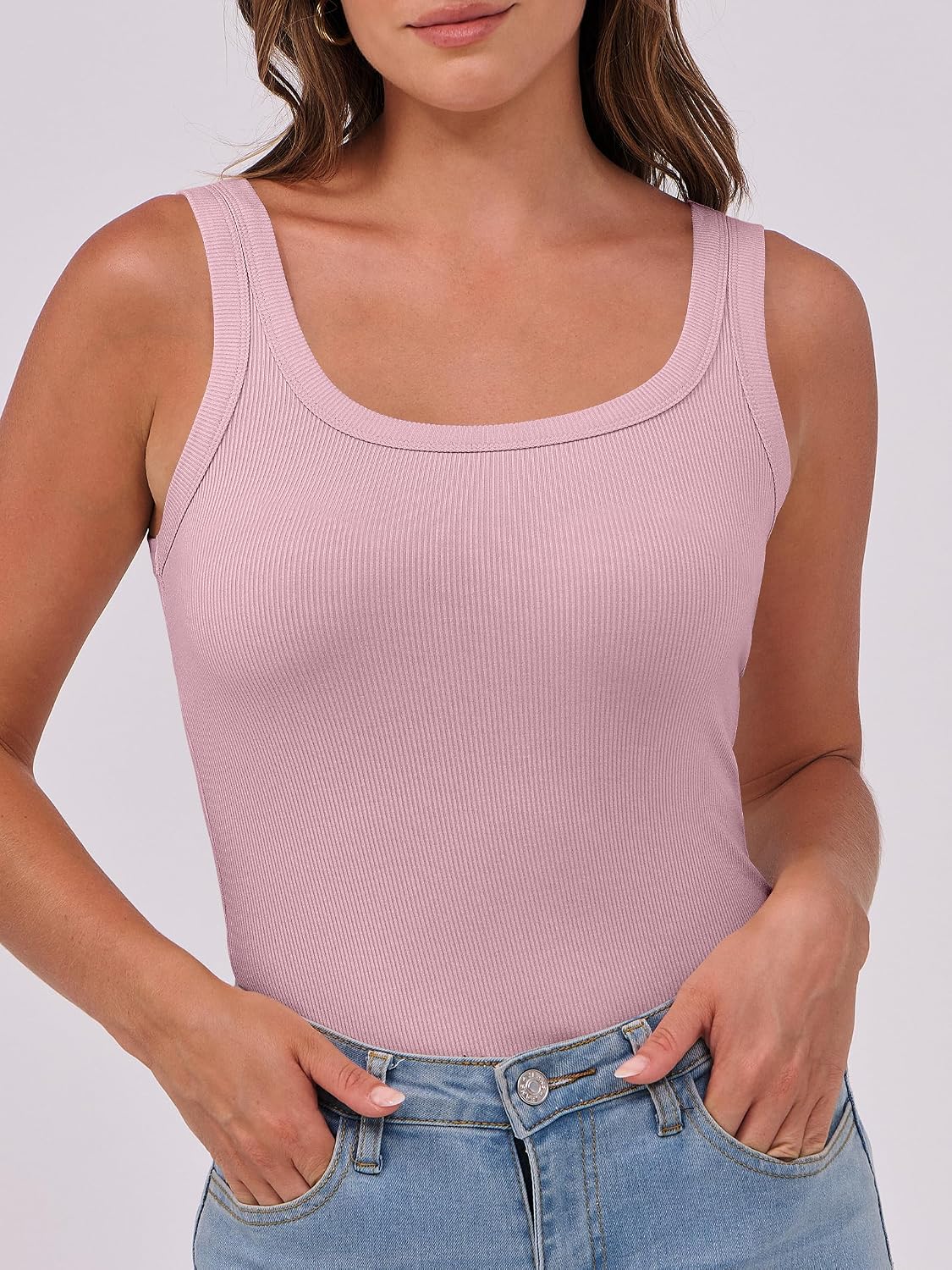 Detalle de ANRABESS Women’s Ribbed Scoop Neck Tank Top (Sleeveless, Fitted/Skinnny) — Summer Basic