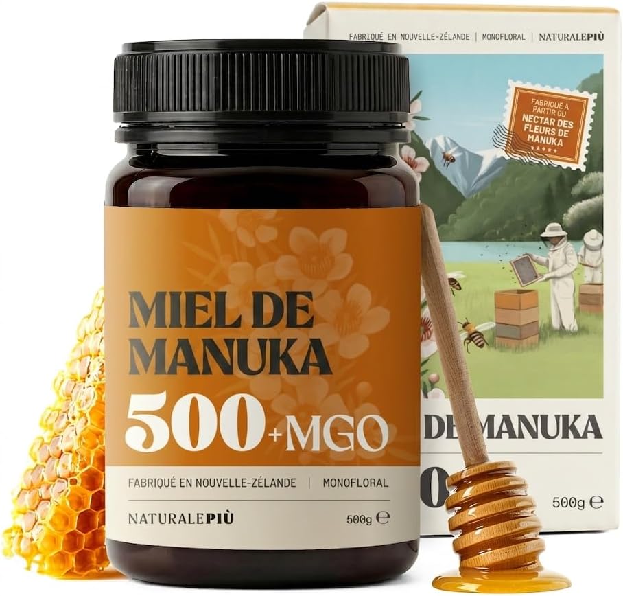 Detalle de NaturalePiù Miel de Manuka 500+ MGO (500 g) brut et bio de Nouvelle-Zélande