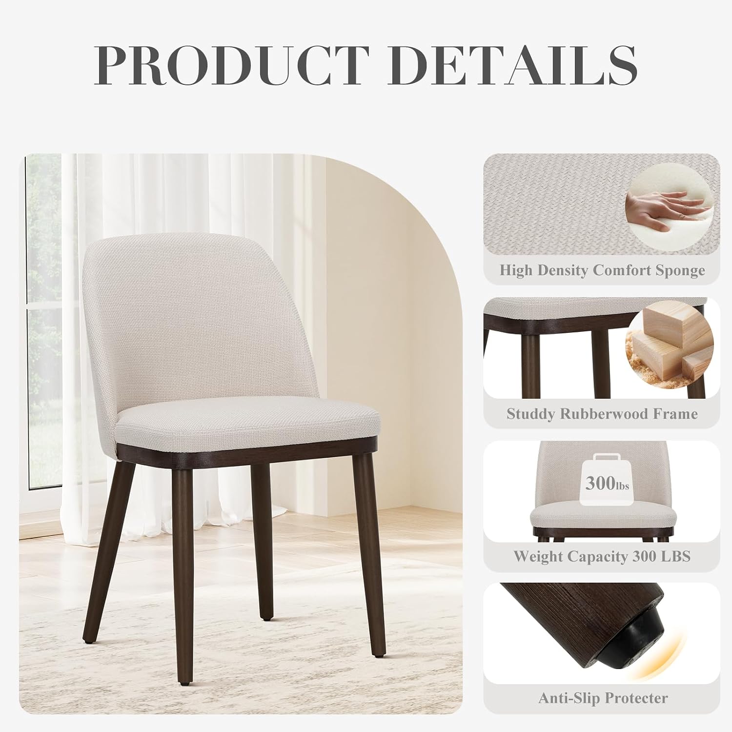 Detalle 1 de COLAMY 3100 Upholstered Dining Chairs, Set of 2, Beige Fabric, Wood Legs