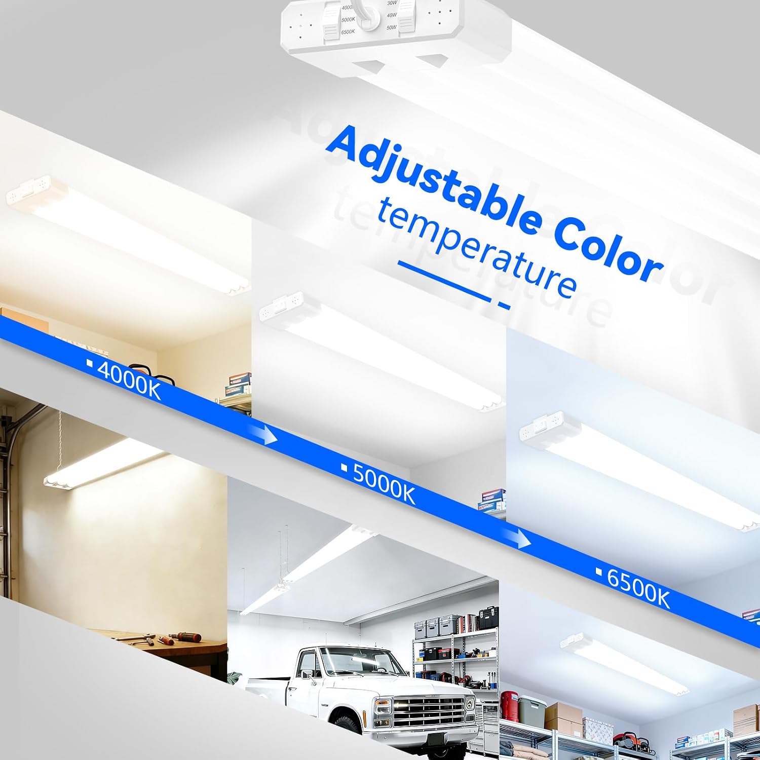Detalle de JESLED LED Shop Light 4 ft, 3CCT and 3 selectable wattages, 7,500 lm