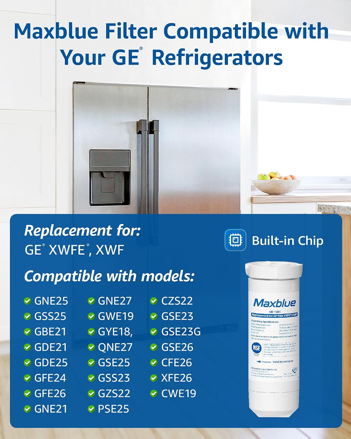 Detalle de Maxblue MB-F48C Refrigerator Water Filter with Built-In Chip, Replacement for GE XWFE