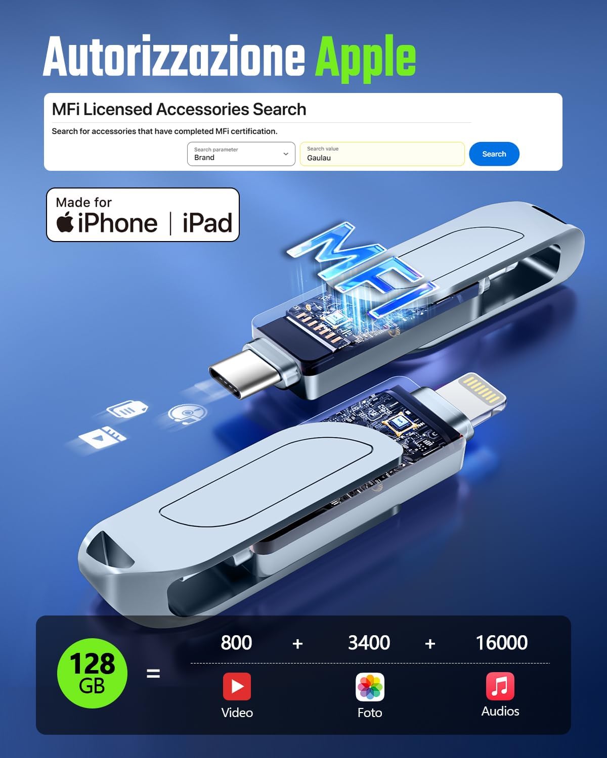 Detalle de Gaulau Chiavetta USB per iPhone 128GB - 3 in 1 con Lightning, USB-C e USB-A, MFi, 180 MB/s