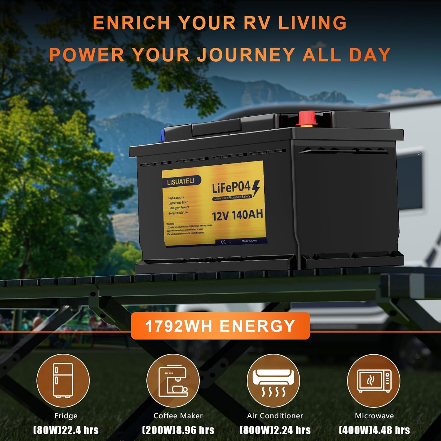 Detalle de LISUATELI 12V 140Ah LiFePO4 Batterie H190 mit Bluetooth 150A BMS – Deep Cycle für Wohnmobile, Solaranlagen und Marine