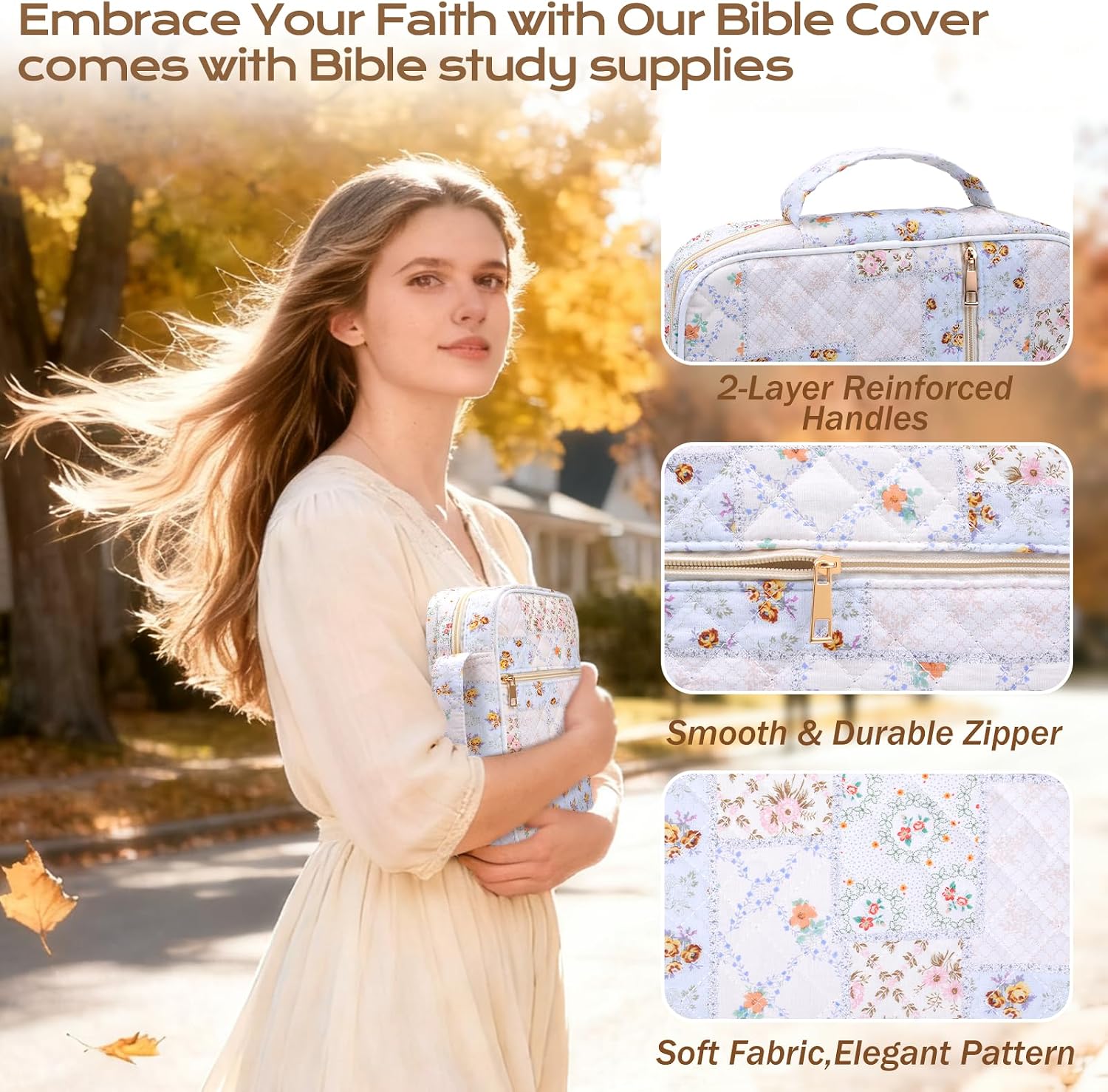 Thumbnail 5 de XKDOUS Quilted Cotton Bible Cover Case, Floral Patchwork with Handle and Pockets