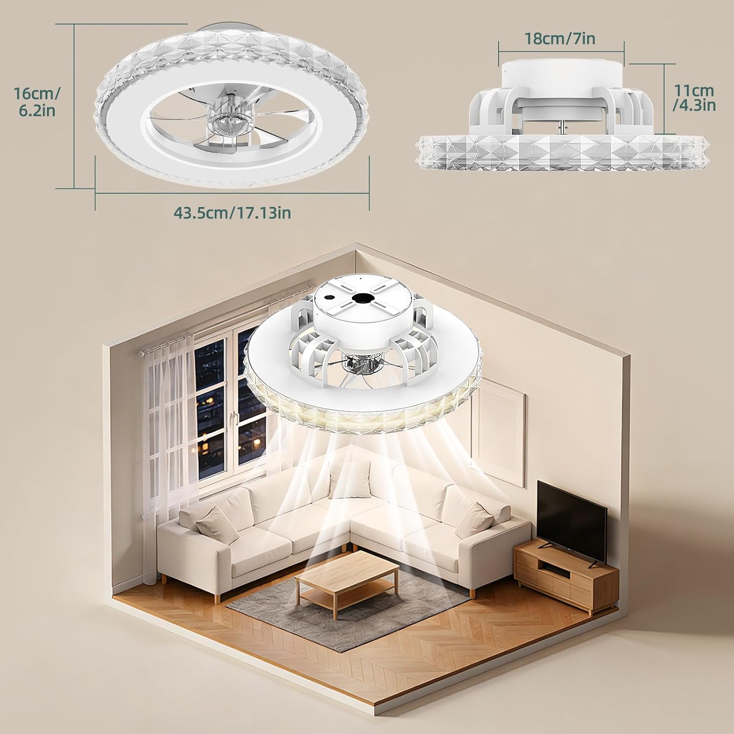 Detalle 2 de Ateroll 43.5cm Ceiling Fan with Lights: Quiet DC Motor, Remote, 6 Speeds, Dimmable RGB Lighting