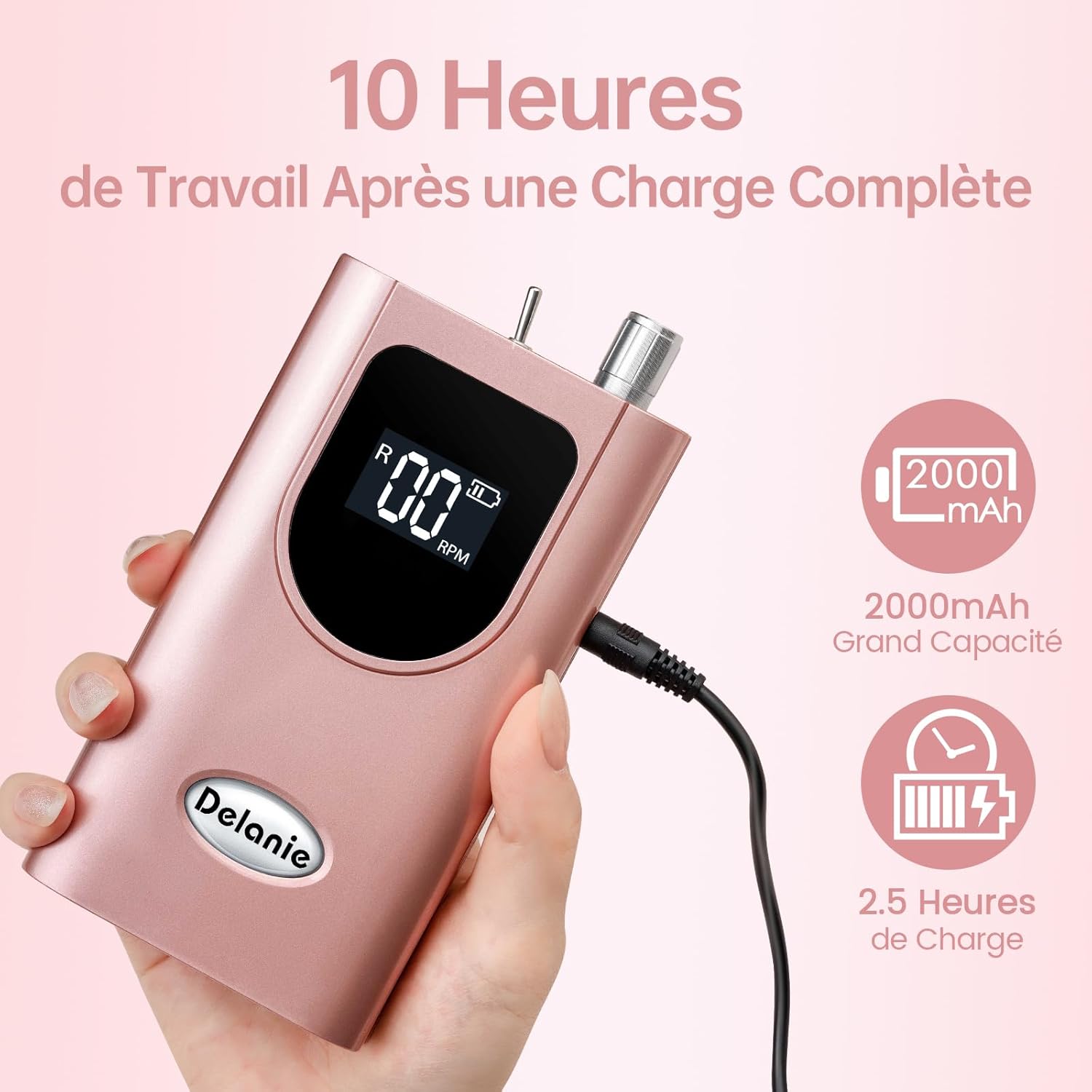 Thumbnail 2 de Delanie Ponceuse pour ongles professionnelle 35 000 tr/min rechargeable avec écran LCD et 6 embouts